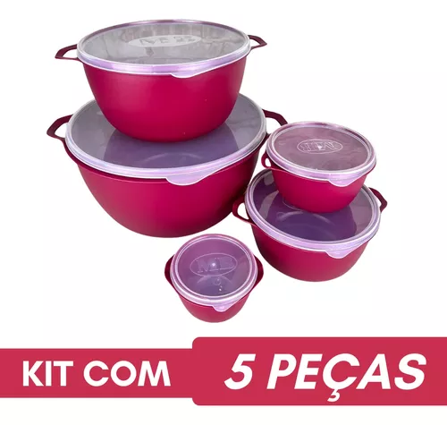 Kit 5 Vasilhas Bowl Plástica Pote Alimento Tampa Saladeira