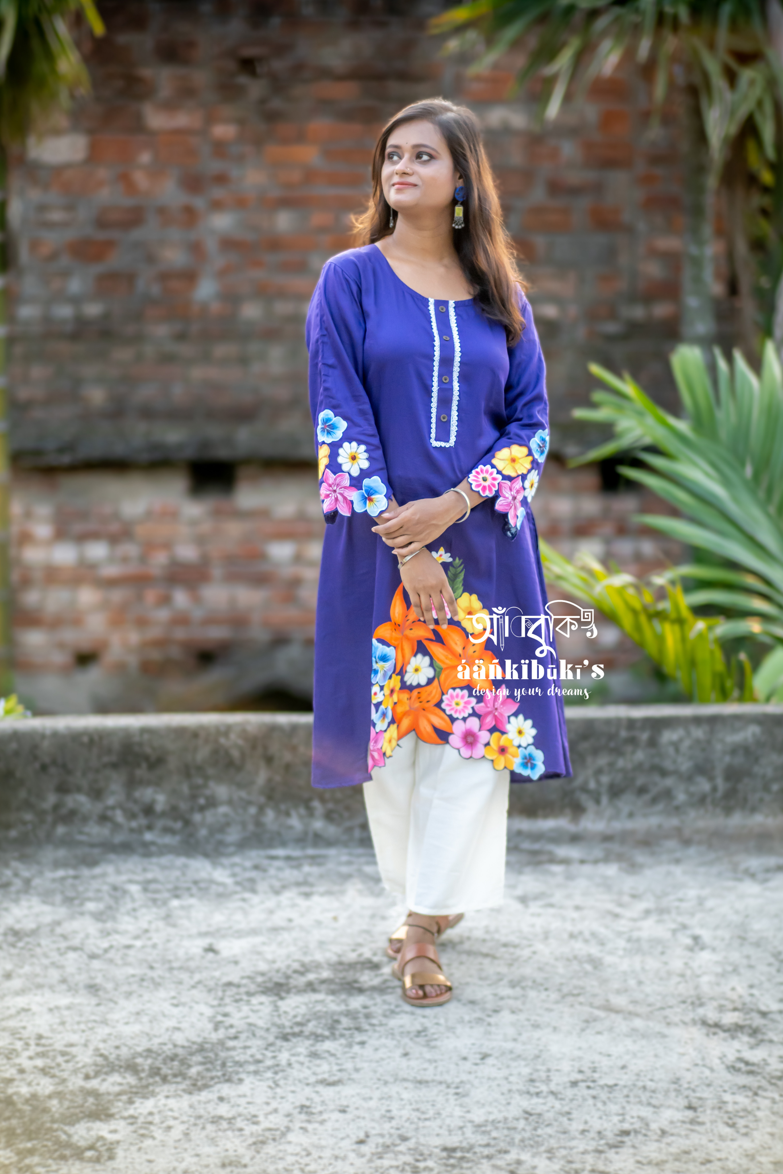 Violet mulți-colour flower painting Kurta Set