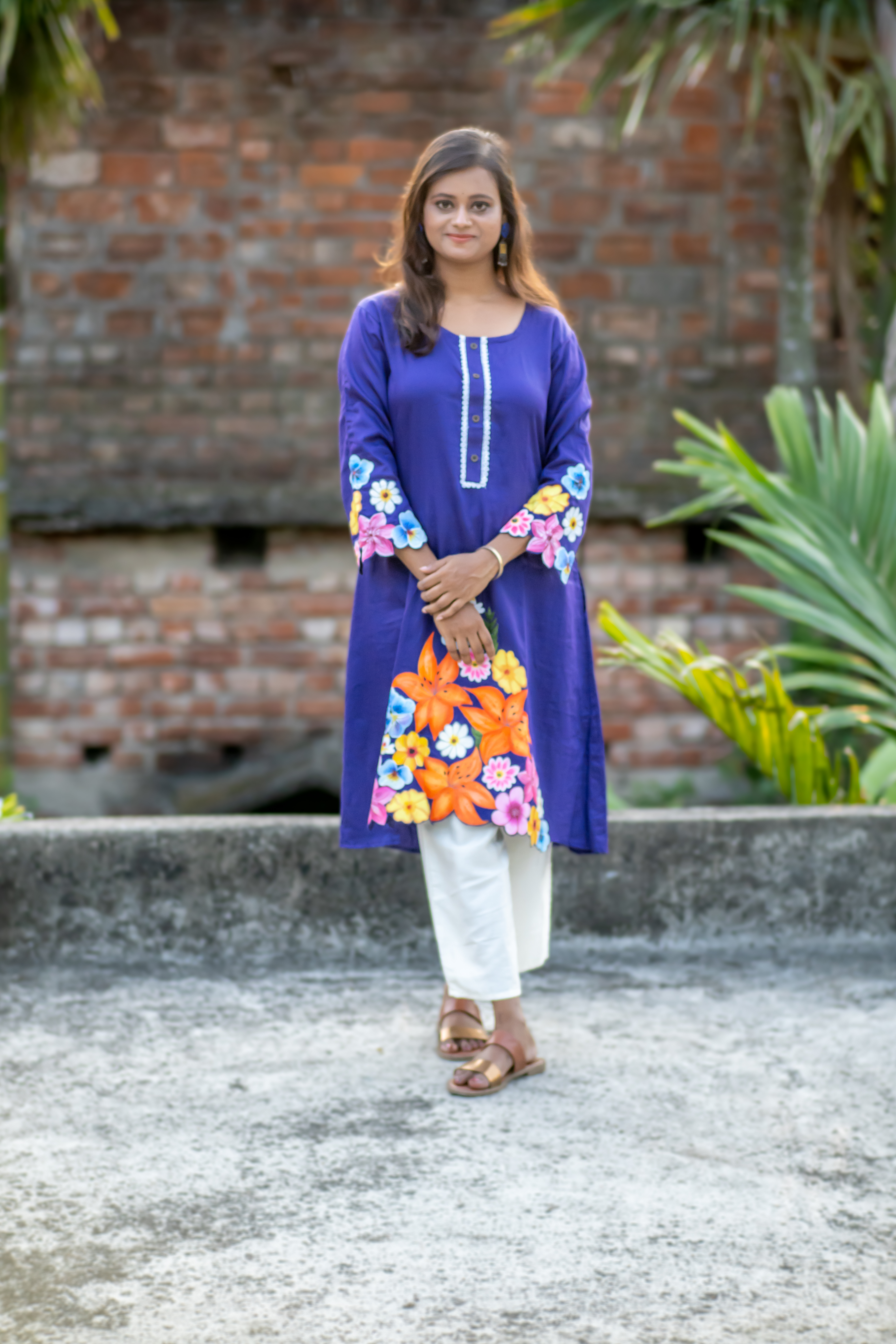 Violet mulți-colour flower painting  Kurta Set
