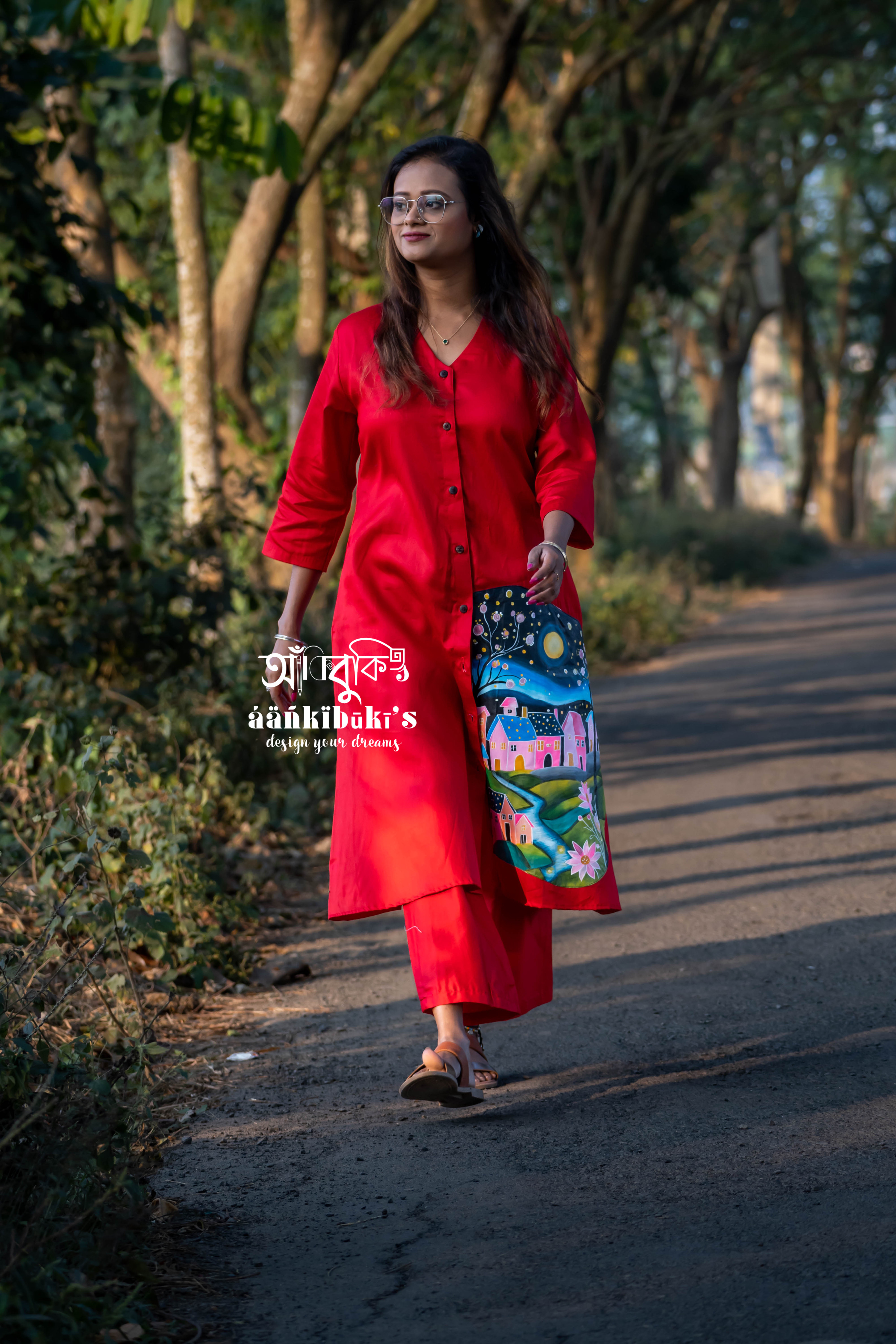 Red Kurta set with Artistic Paint