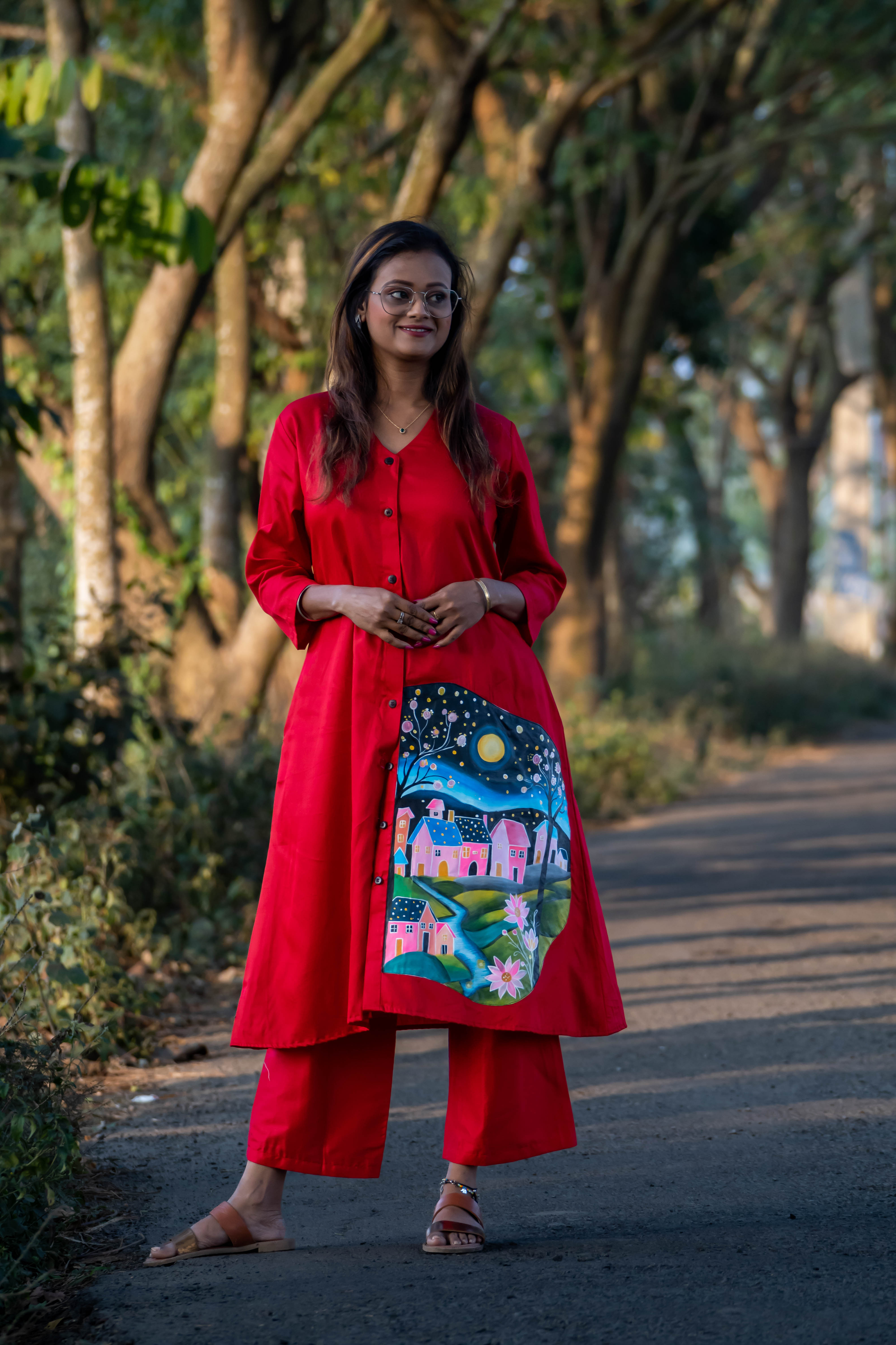 Red Kurta set with Artistic Paint