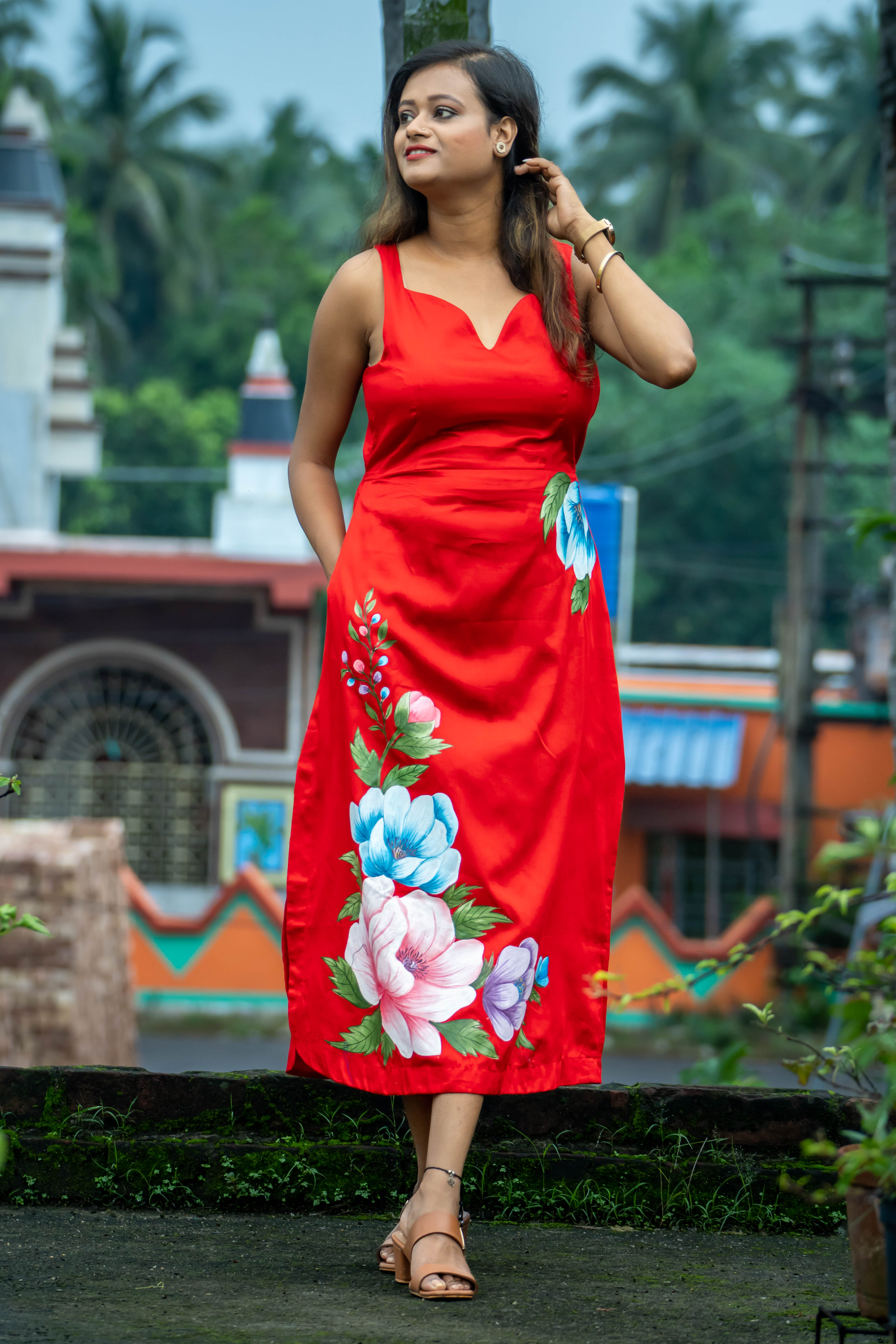 Red Floral Sleeveless Dress