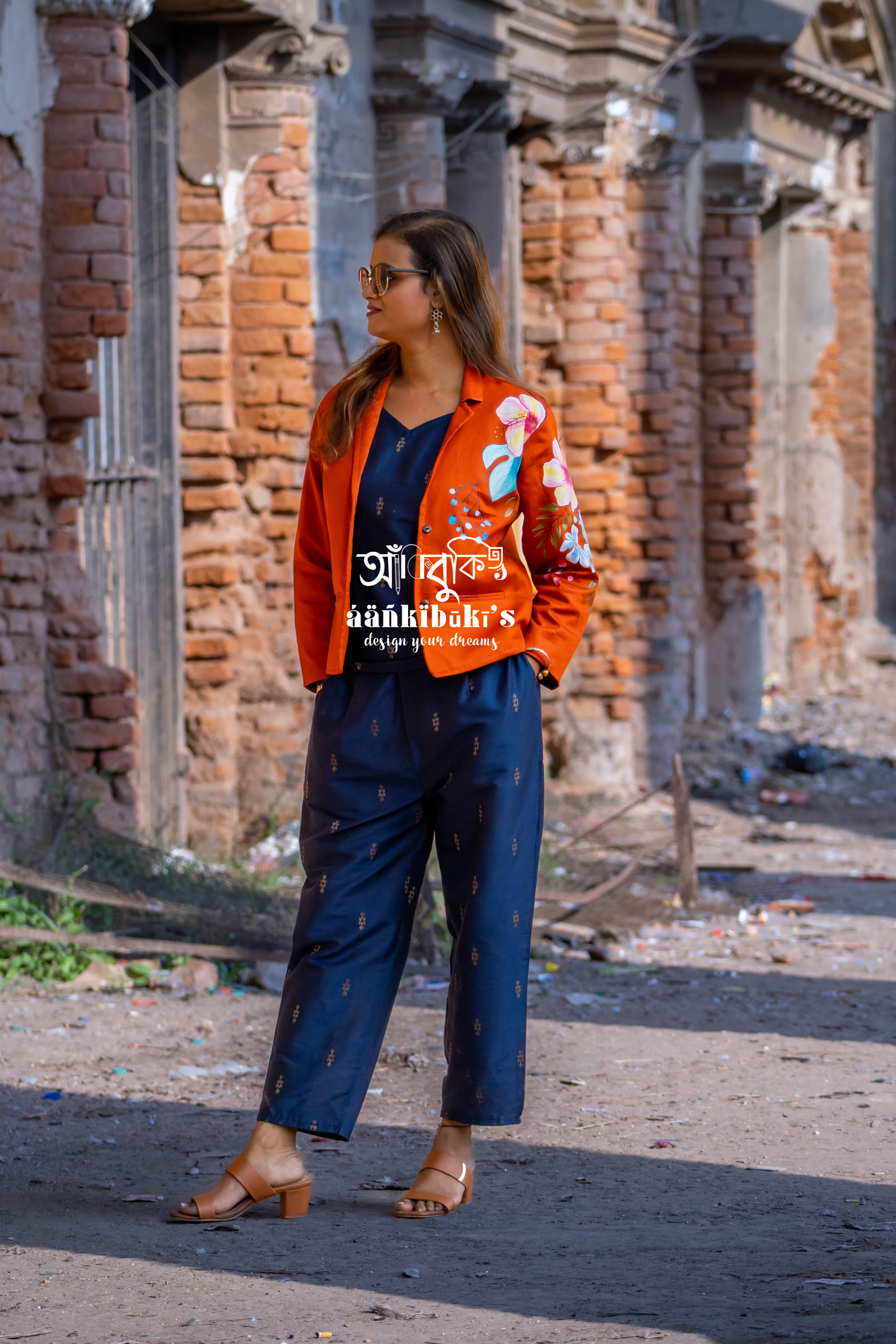 Floral Print Orange Blazer Set