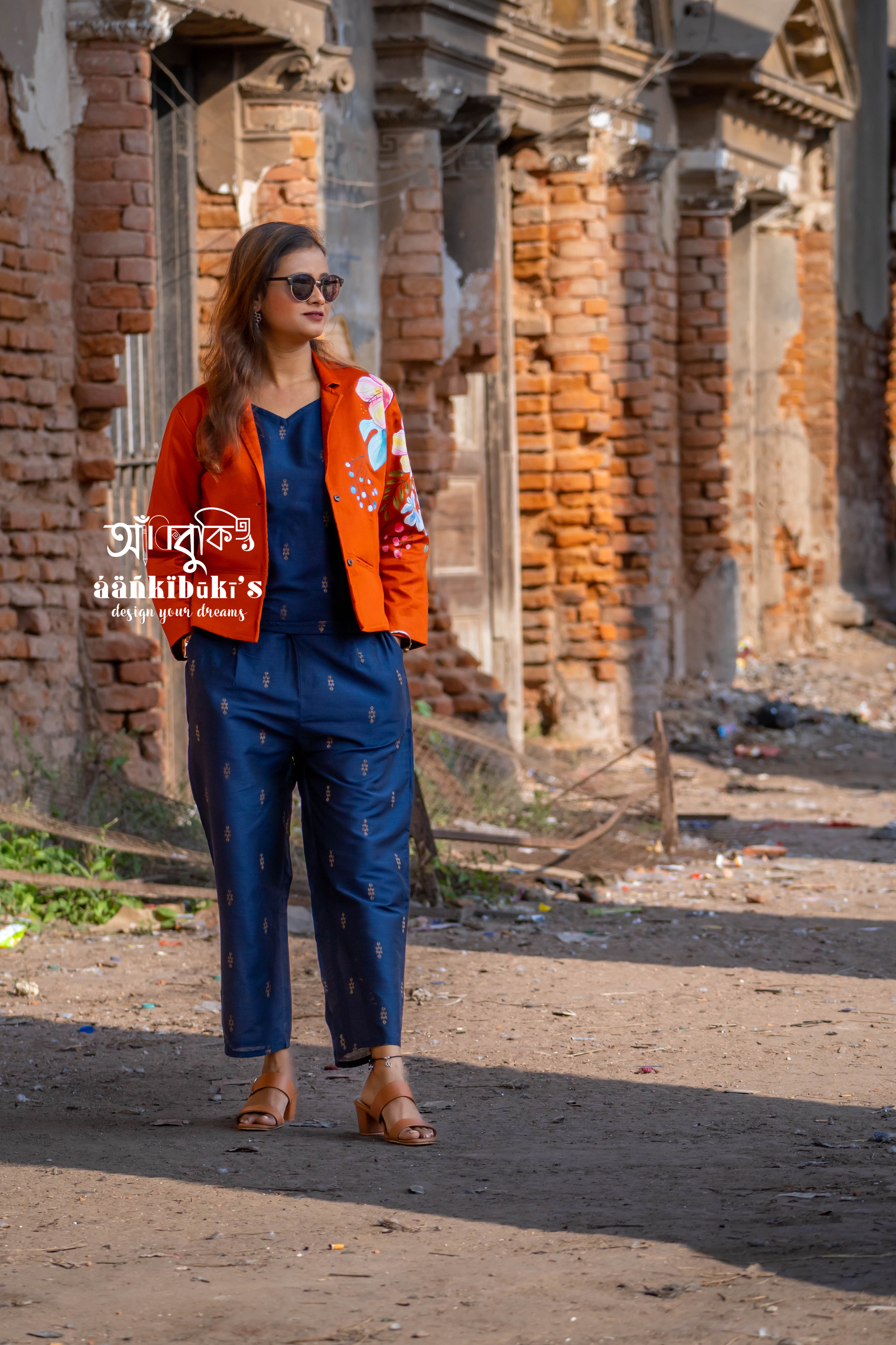 Floral Print Orange Blazer Set 