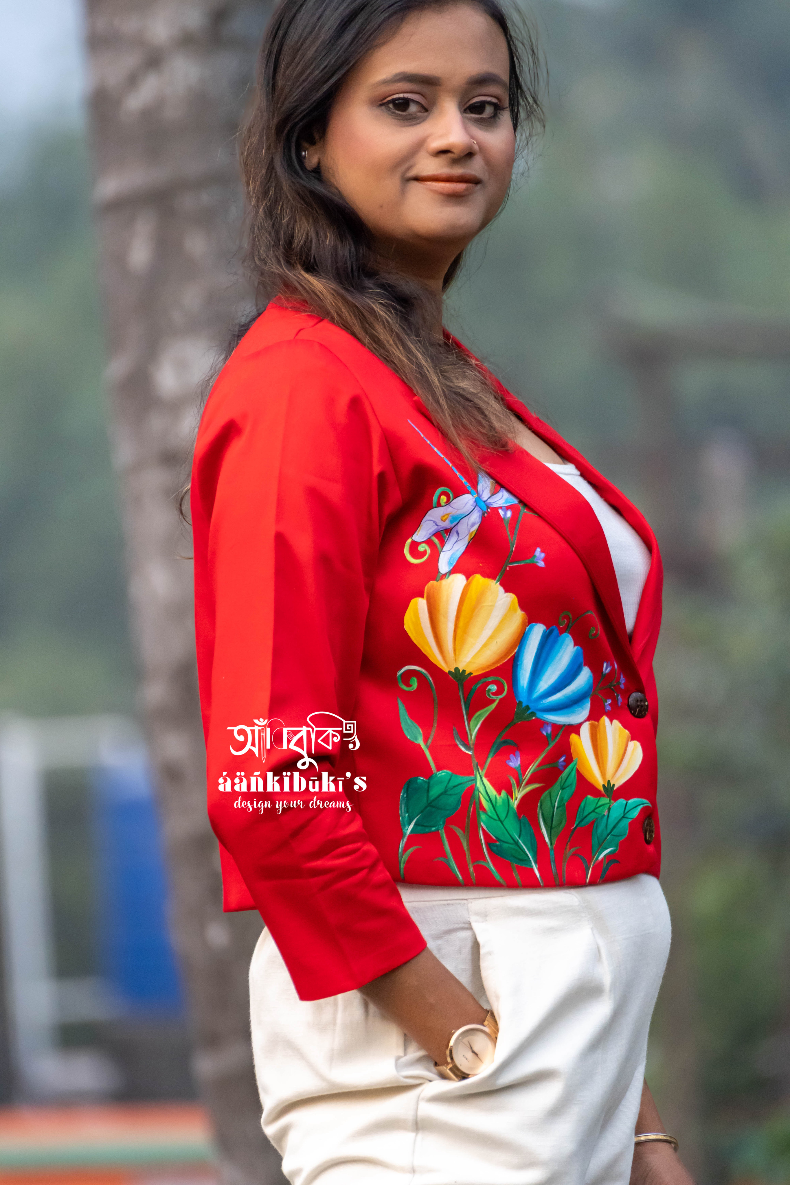 Red Floral Hand-Painted Blazer