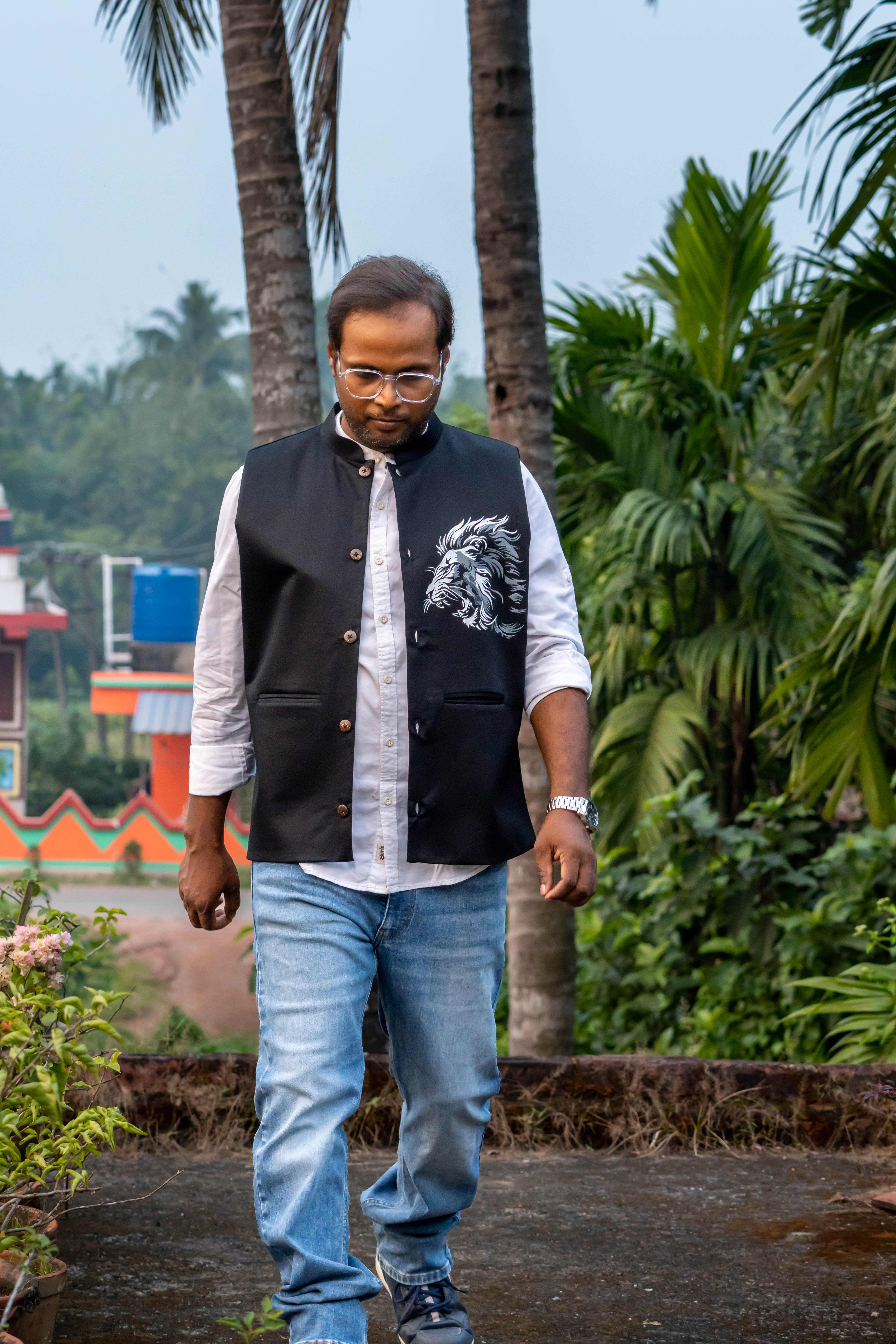 Black Lion Painted Nehru Jacket