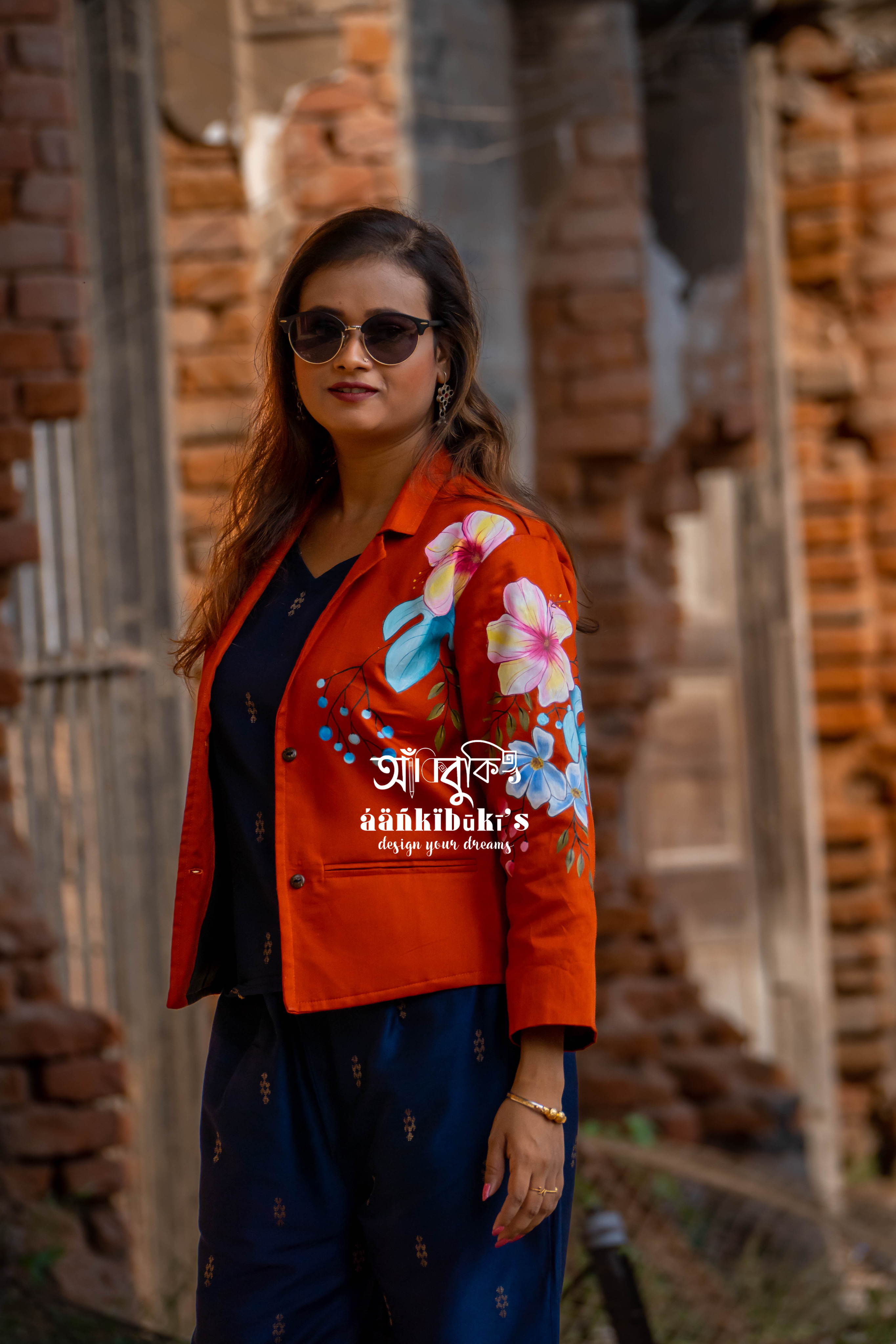 Floral Print Orange Blazer Set 