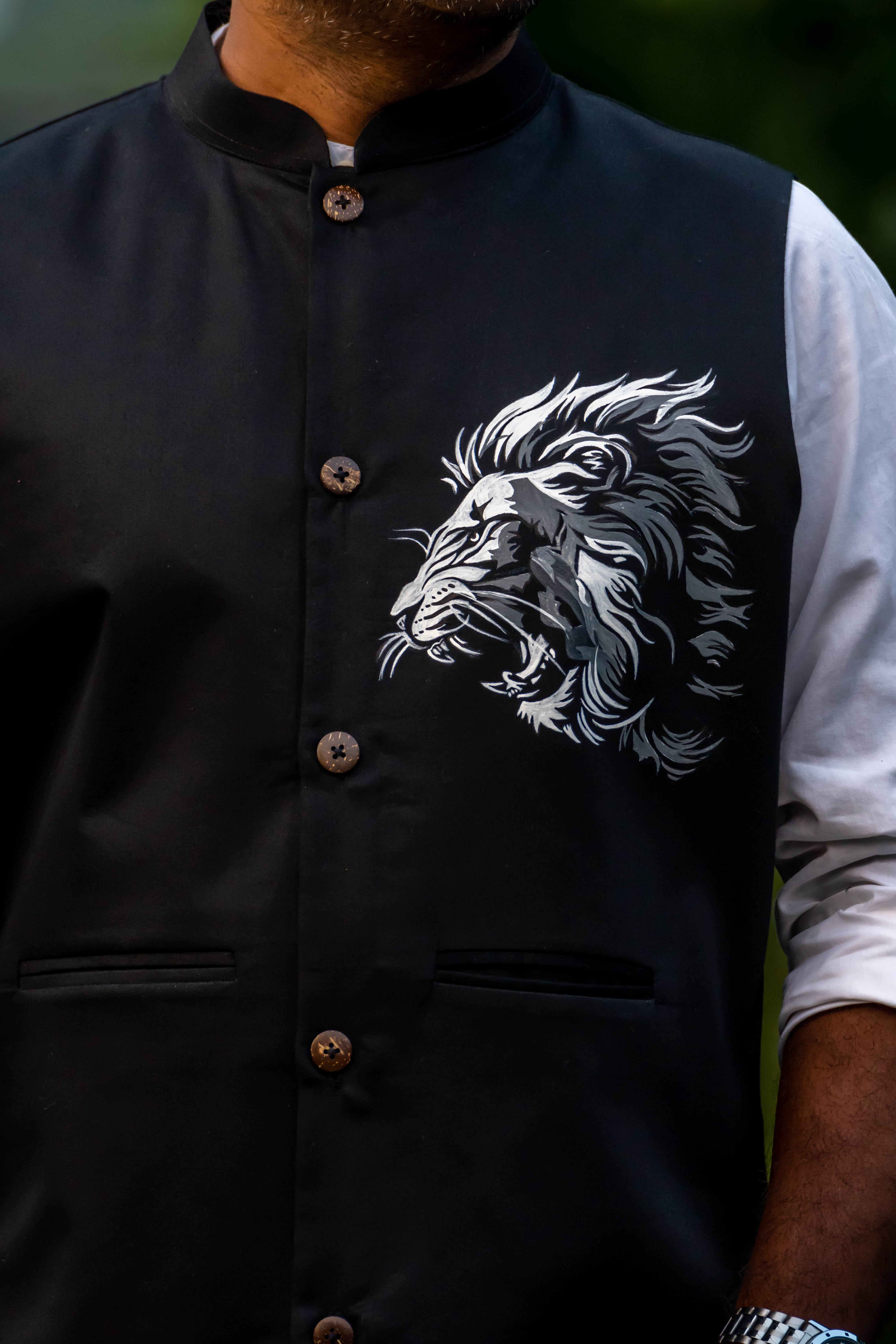Black Lion Painted Nehru Jacket