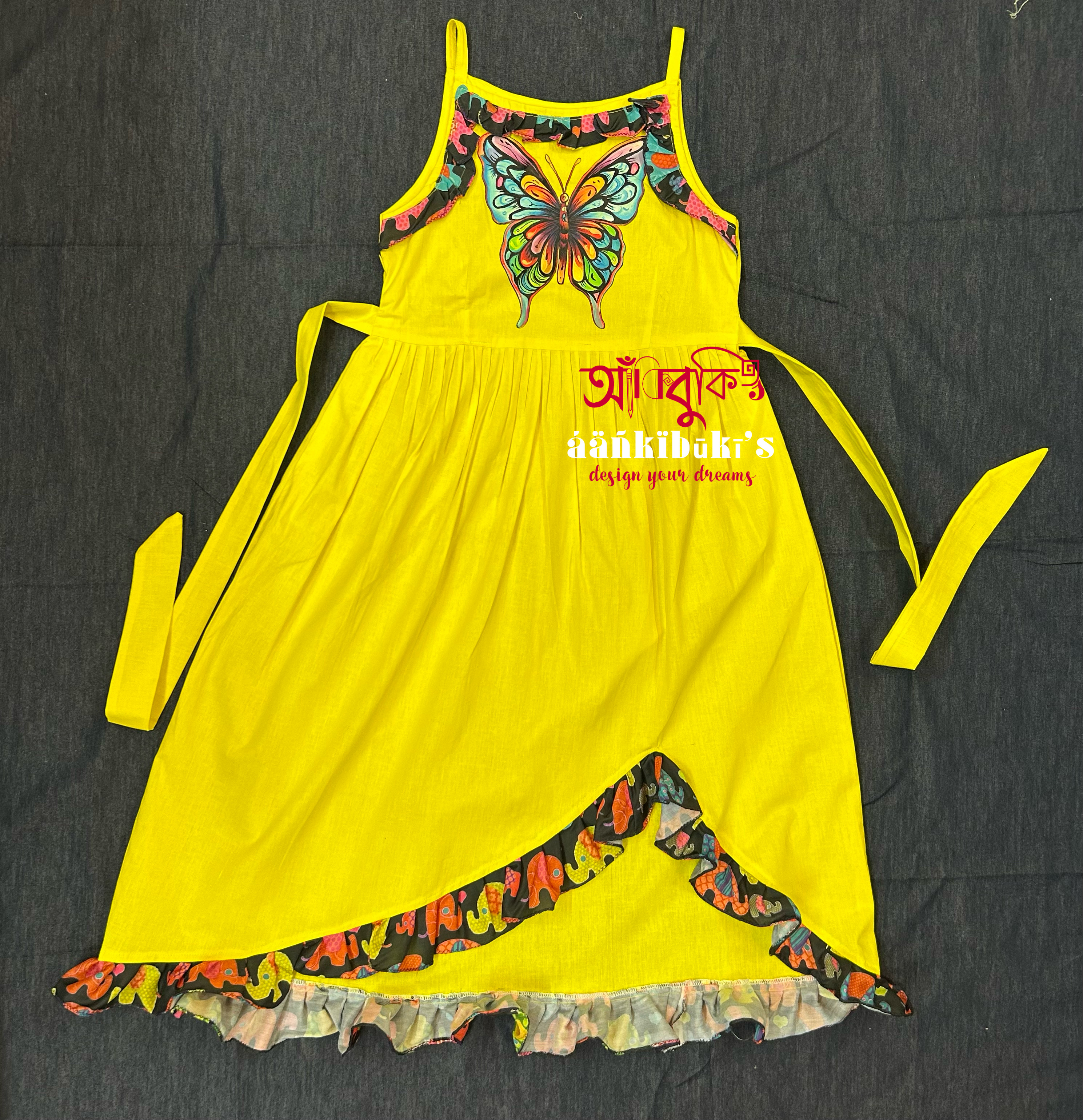 Lemon Yellow Butterfly painting frock