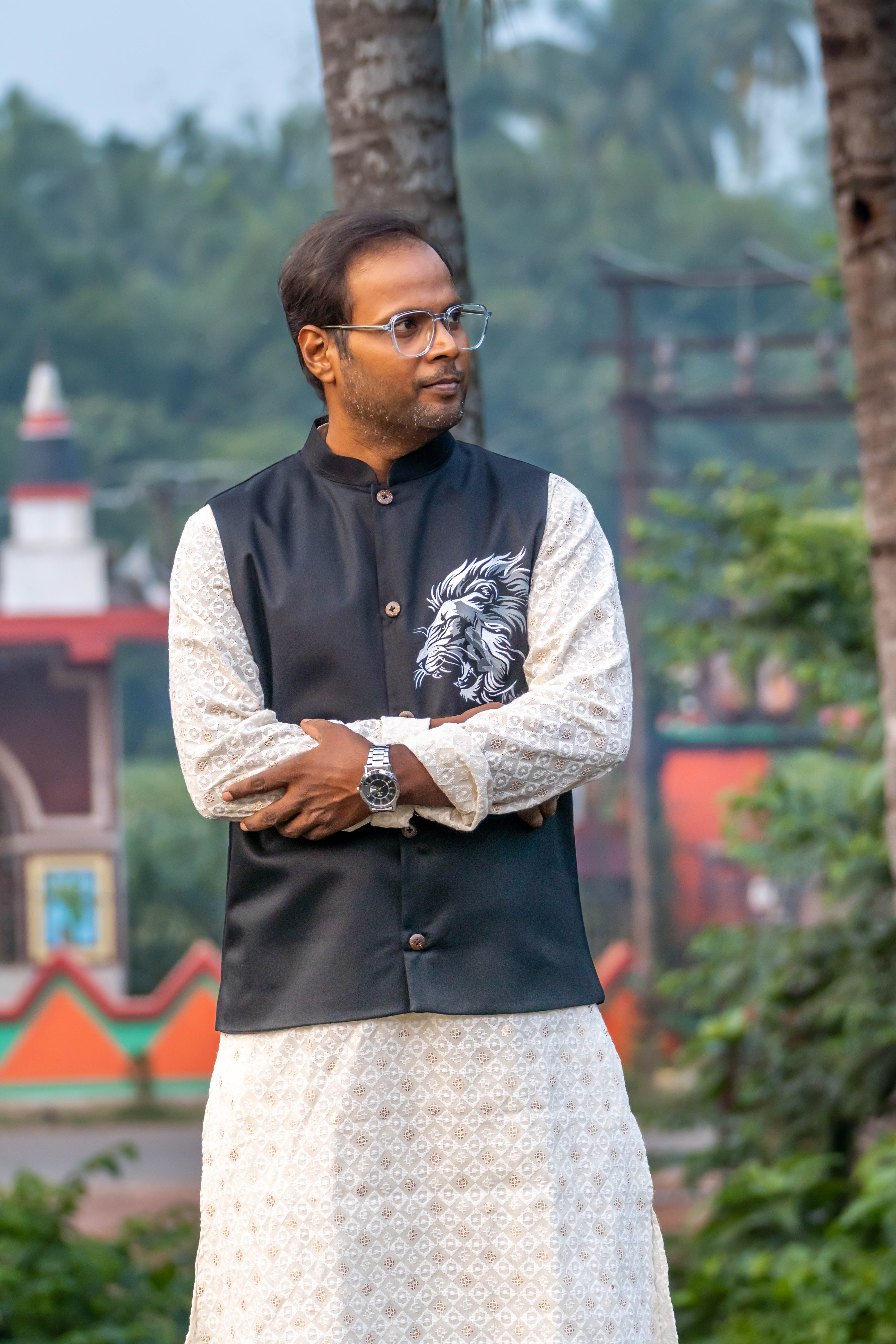 Black Lion Painted Nehru Jacket