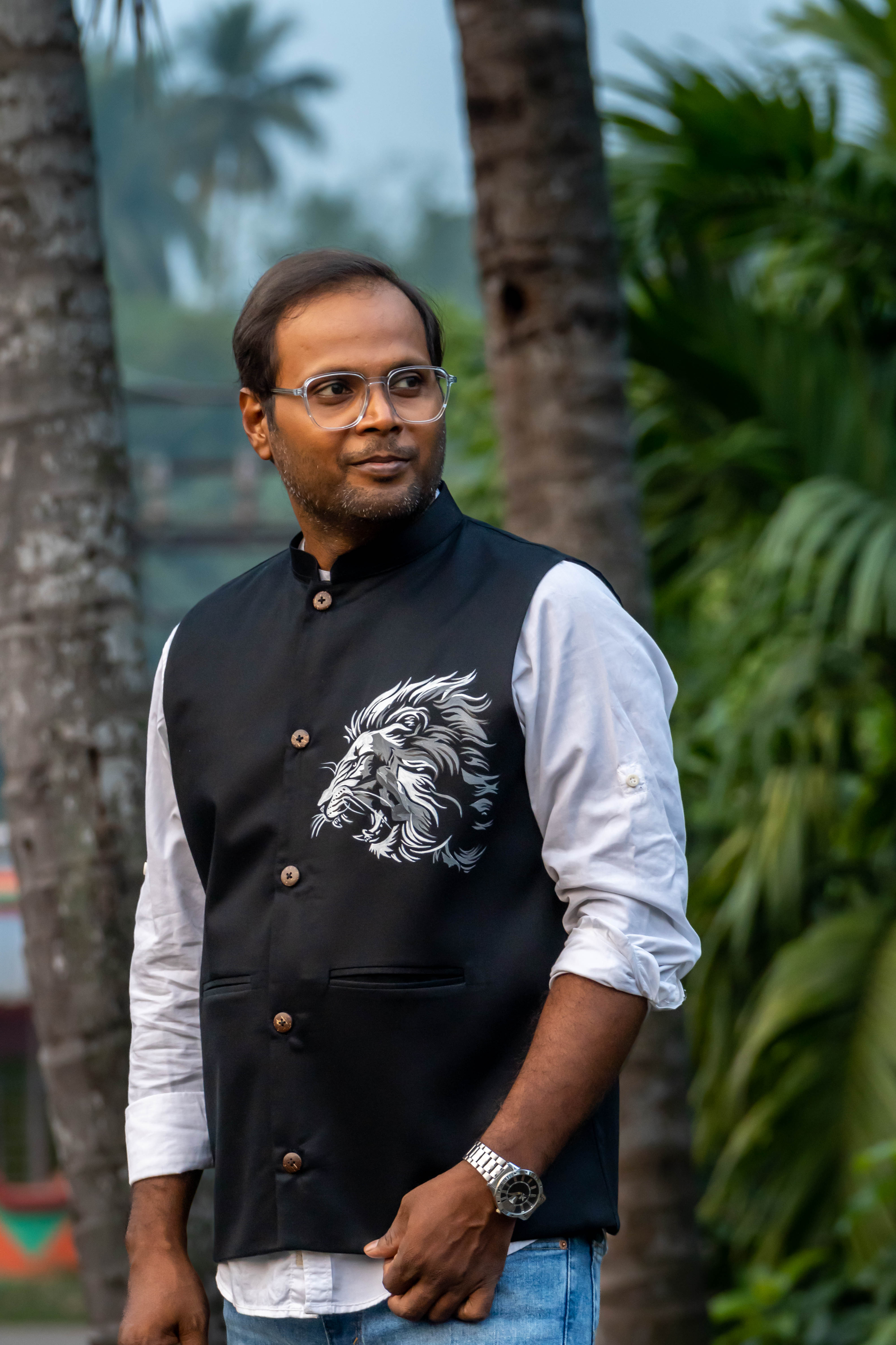 Black Lion Painted Nehru Jacket