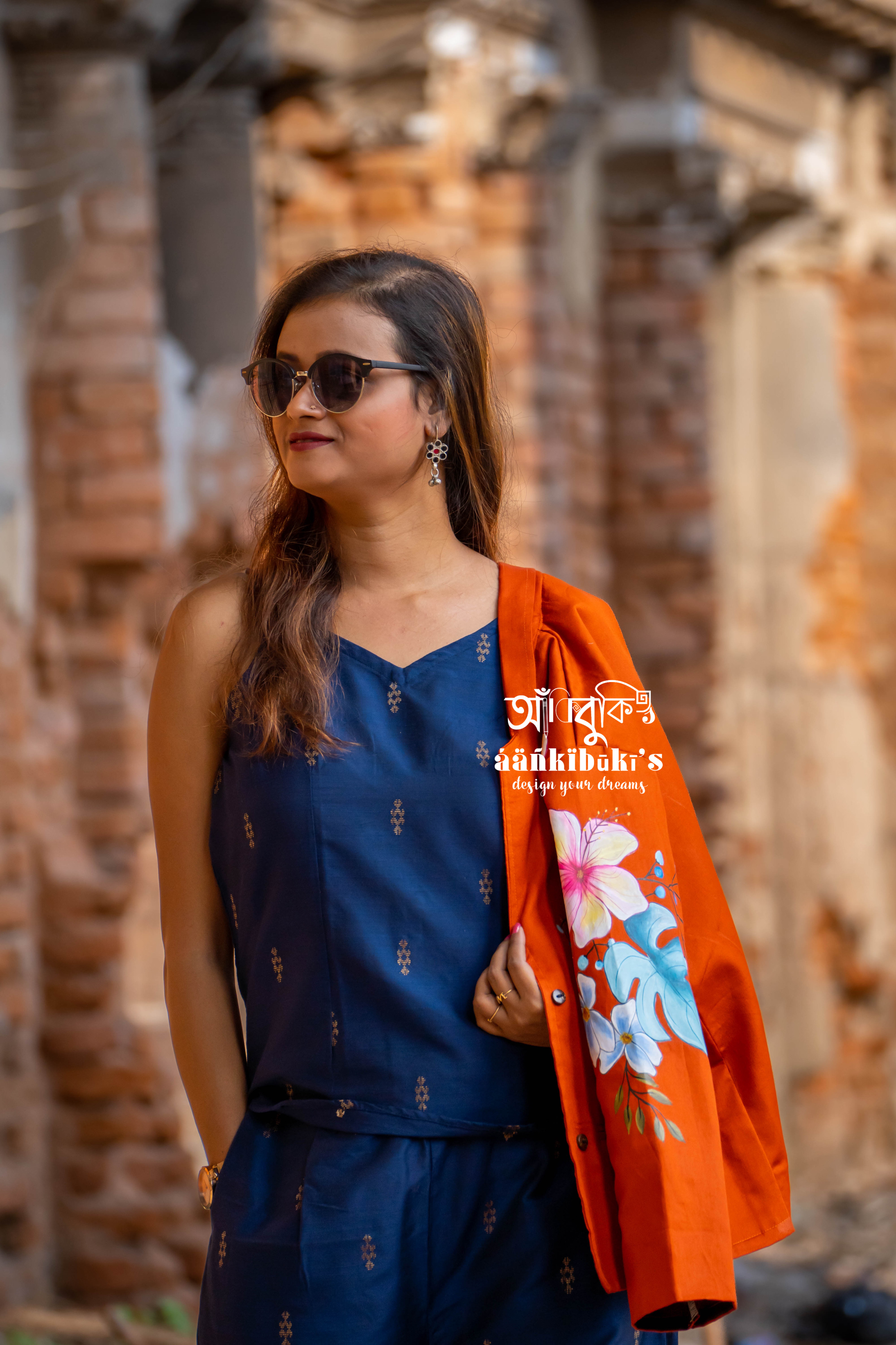 Floral Print Orange Blazer Set 