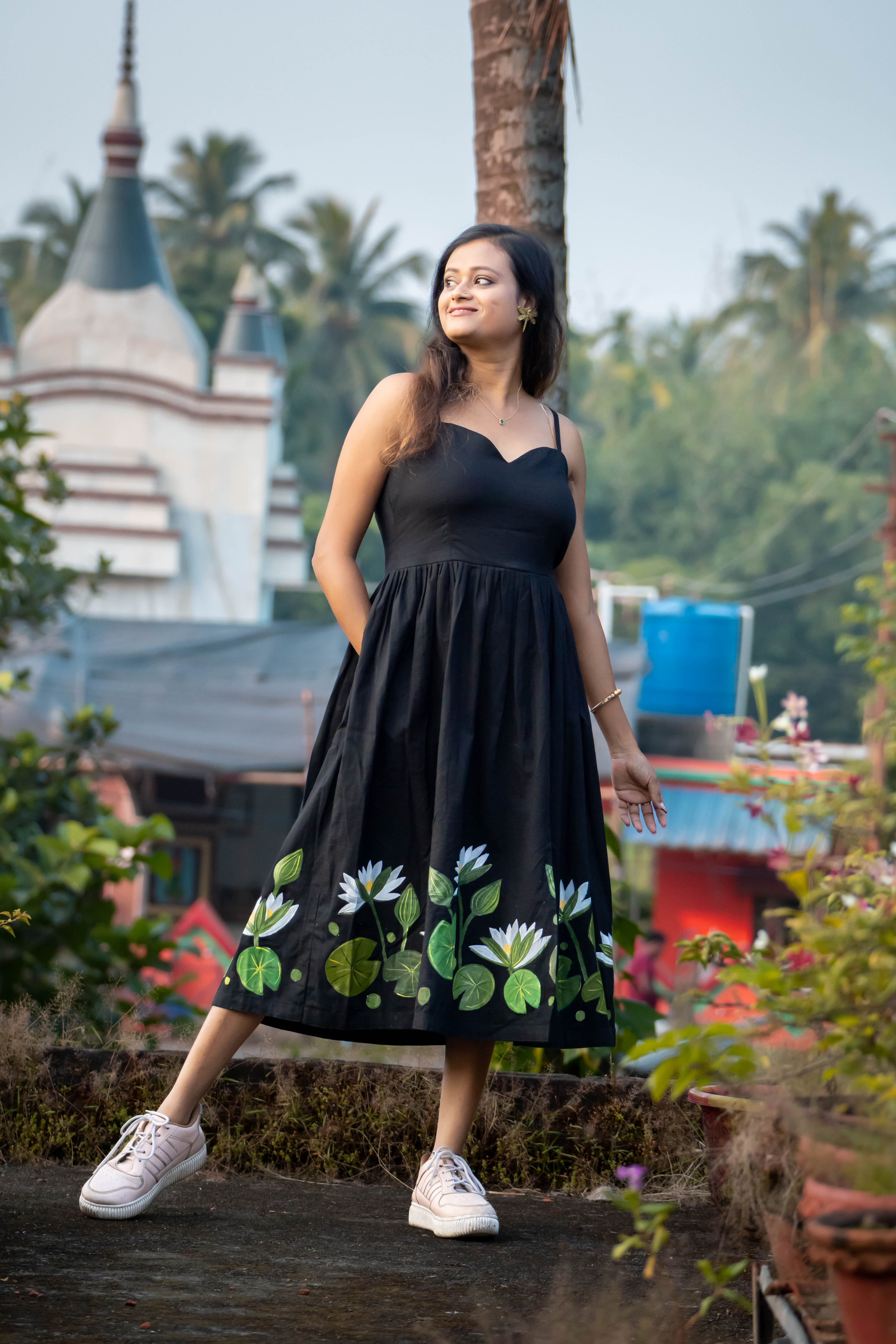 Black Water Lily Midi Dress