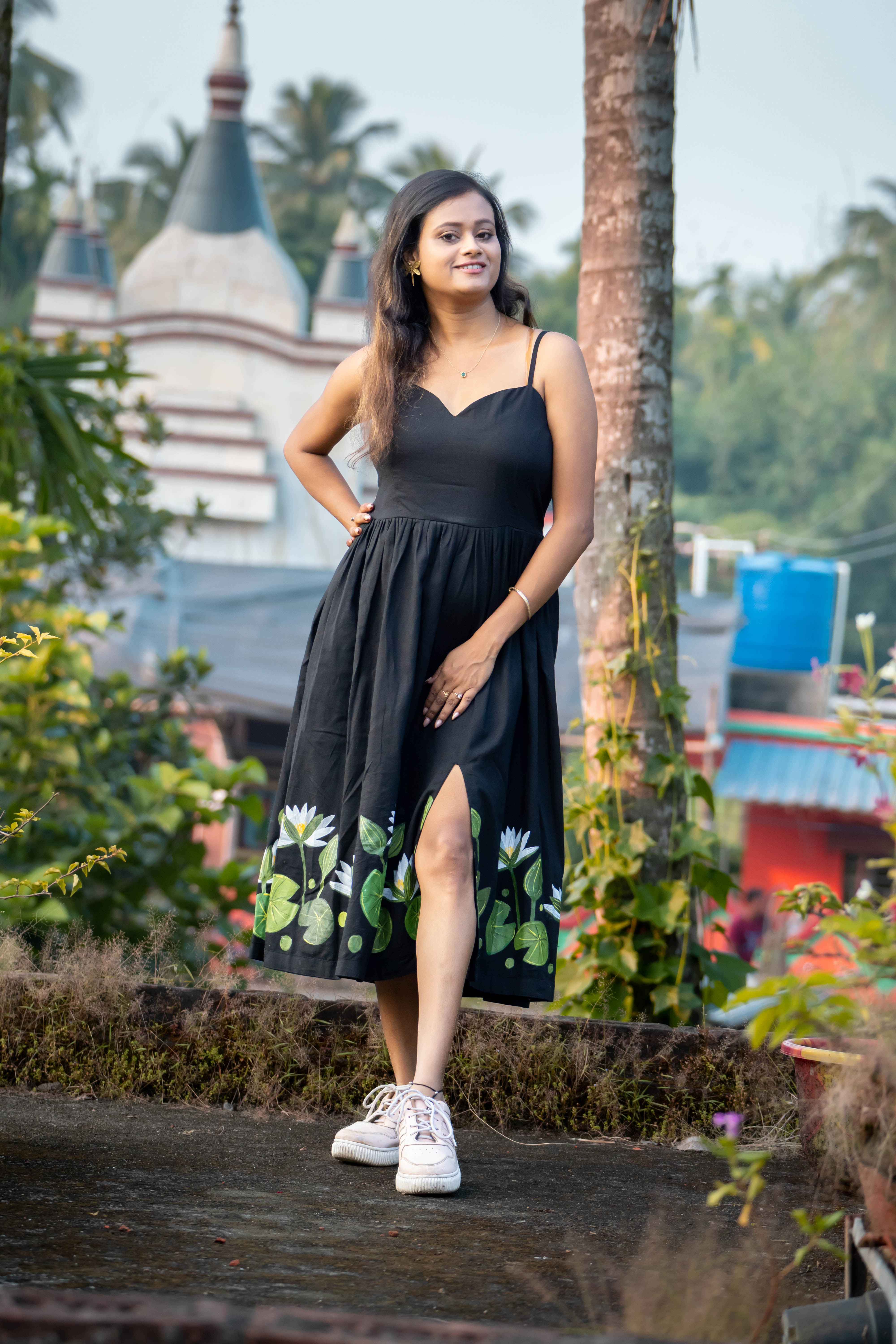 Black Water Lily Midi Dress