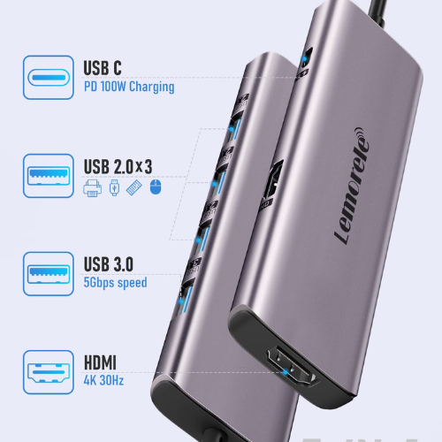 Lemorele 7-in-1 USB Hub Type C Docking Station with 4K HDMI, 100W PD, and Multi-Splitter Adapter