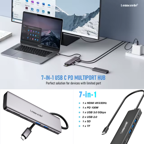 Lemorele 7-in-1 USB Hub Type C Docking Station with 4K HDMI, 100W PD, and Multi-Splitter Adapter