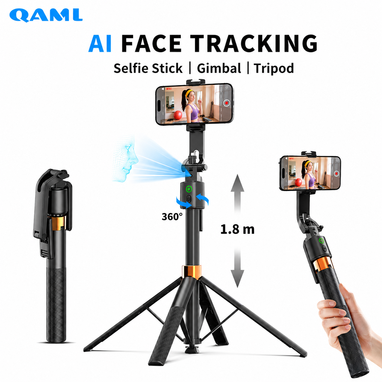 QAML Q13 AI Auto-Tracking Selfie Stick Tripod – 360° Face Tracking & Wireless Remote Control