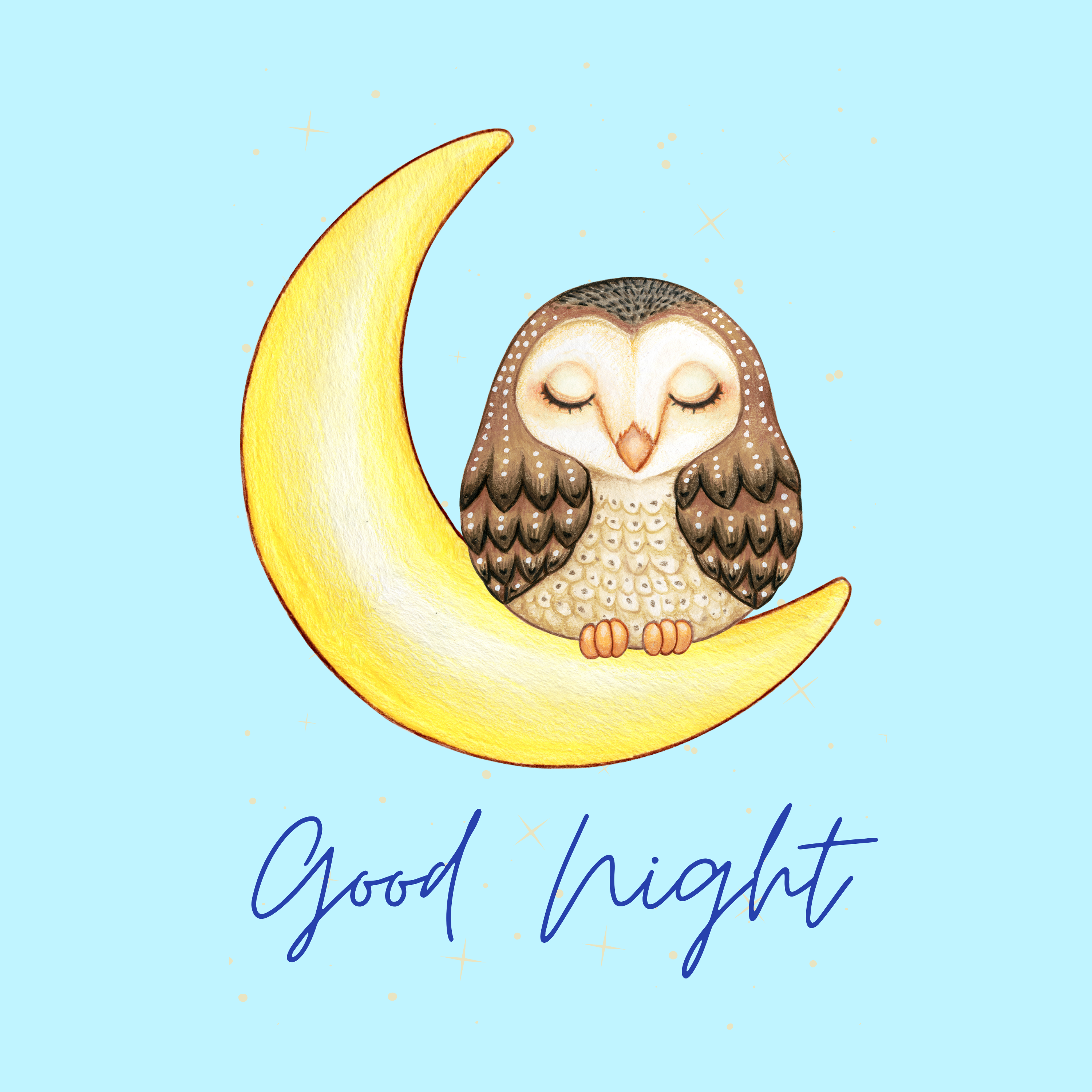 Night Owl Illustration Print - Light Blue - 8 x 8 in