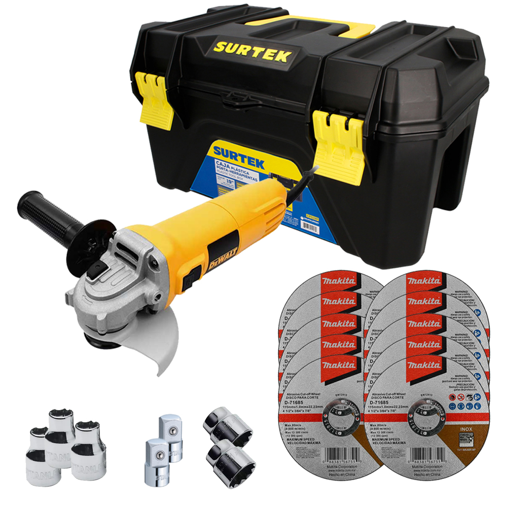 Miniesmeriladora DeWalt 4-1/2” con Kit de 10 Discos y Caja de Herramientas