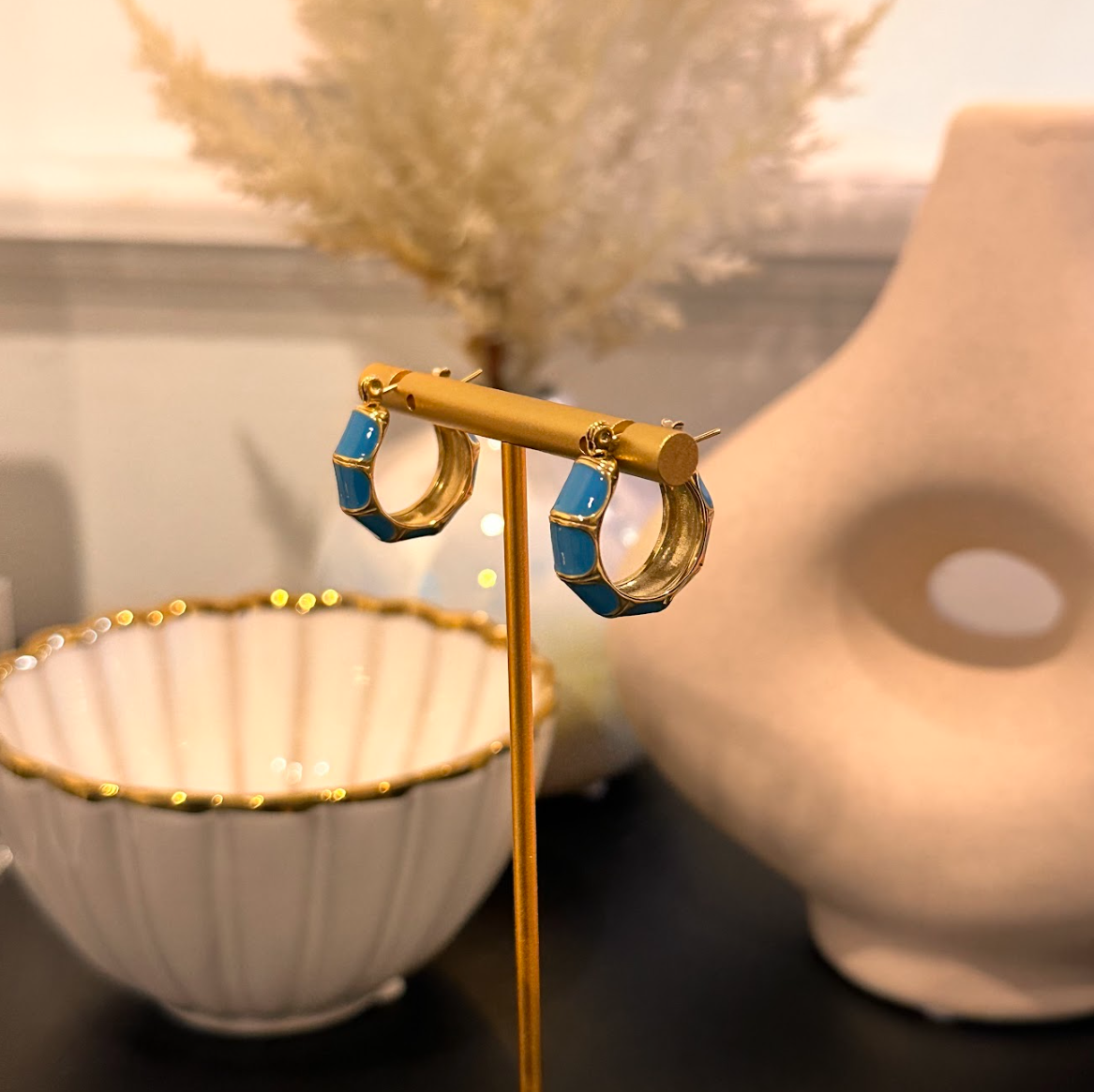 Osiris C-shape bamboo blue earrings