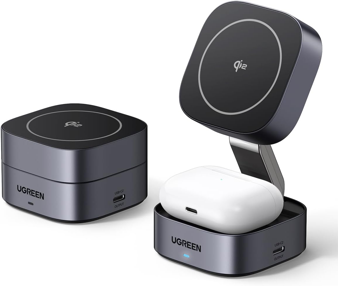 UGREEN Foldable 2-in-1 MagFlow Qi2 Wireless Charging Station 15W for Apple Magsafe Charger iPhone, Fast Magnetic Wireless Charger Stand for iPhone 16 15 Series, AirPods, iWatch - With 1M USB C Cable