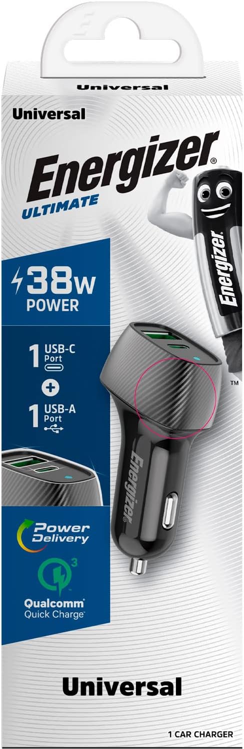 ENERGIZER - Car charger - Power Delivery  38 W - 1 USB-C Port & 1 USB-A Port - Cigarette Lighter Charger - Carbon Design - Black D38
