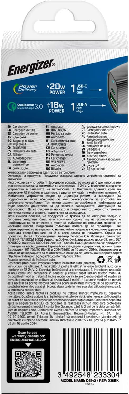 ENERGIZER - Car charger - Power Delivery  38 W - 1 USB-C Port & 1 USB-A Port - Cigarette Lighter Charger - Carbon Design - Black D38