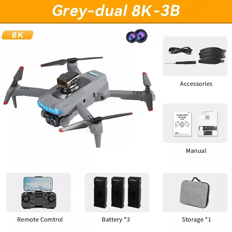 Drone Grey Dual Cam 8K (3 Batteries) - Obstacle Avoidance