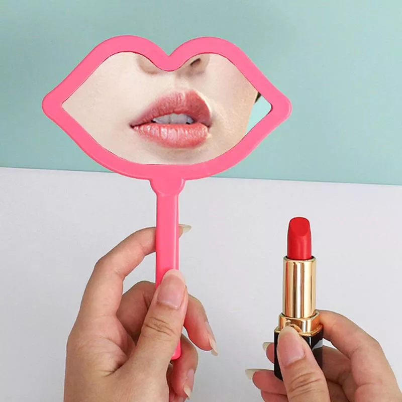 Lip-Shaped Hand Mirror and Red Lipstick Set