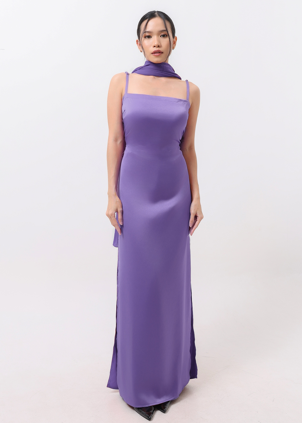 Adjustable Satin Dress with Scarf