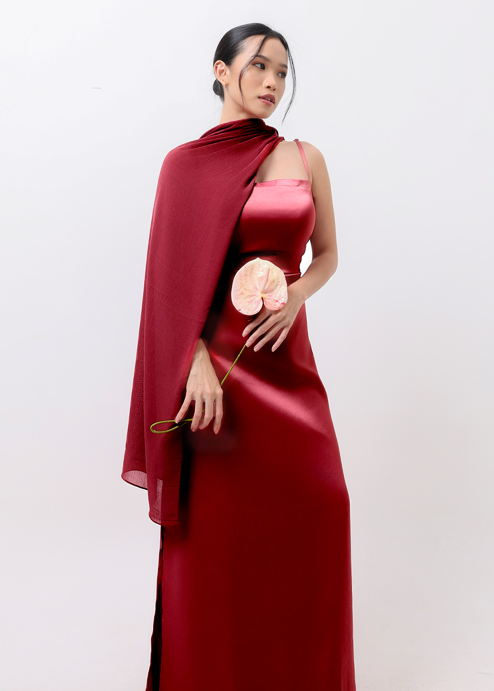 Adjustable Satin Dress with Scarf