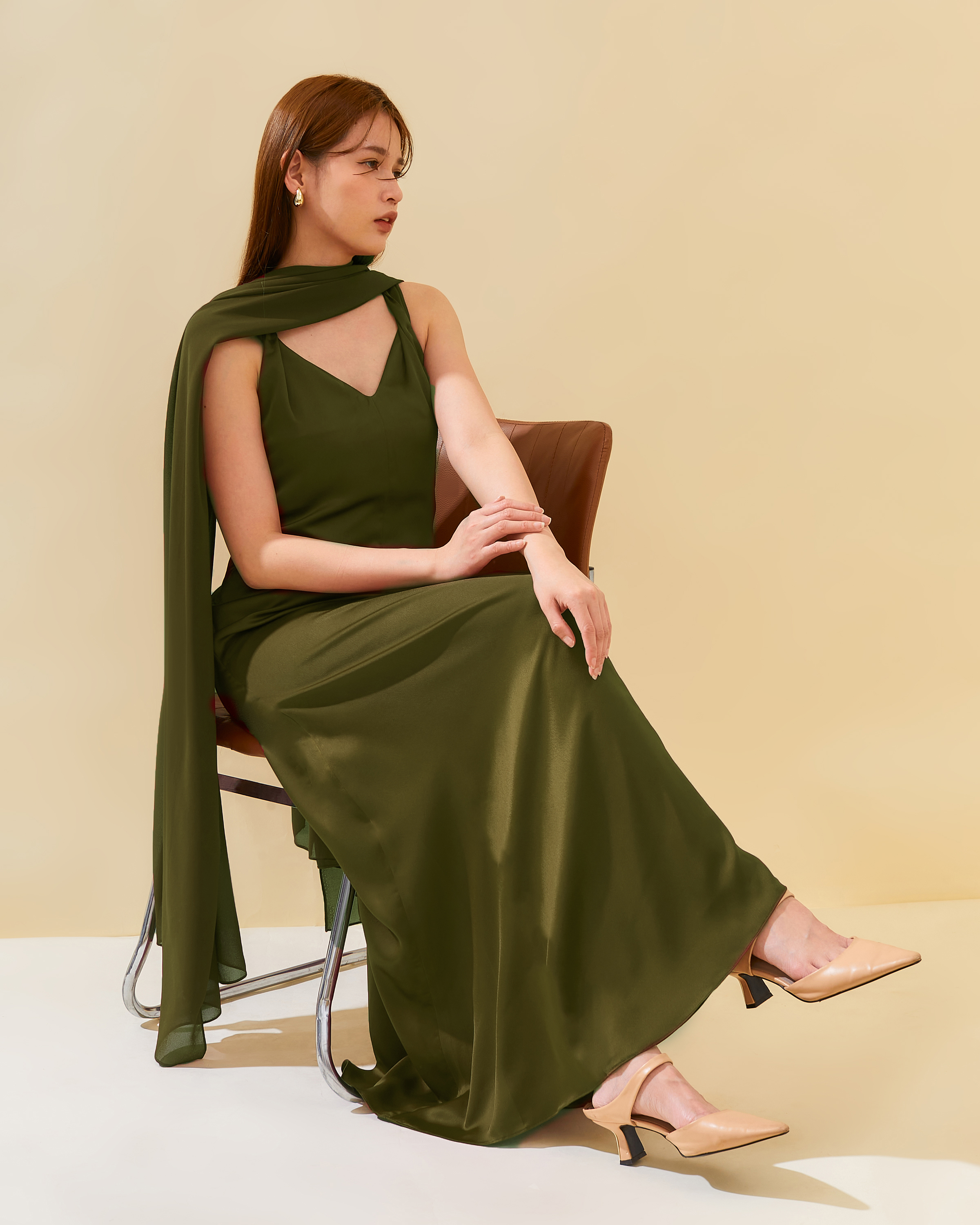 Twist Strap Dress with Scarf in Satin 