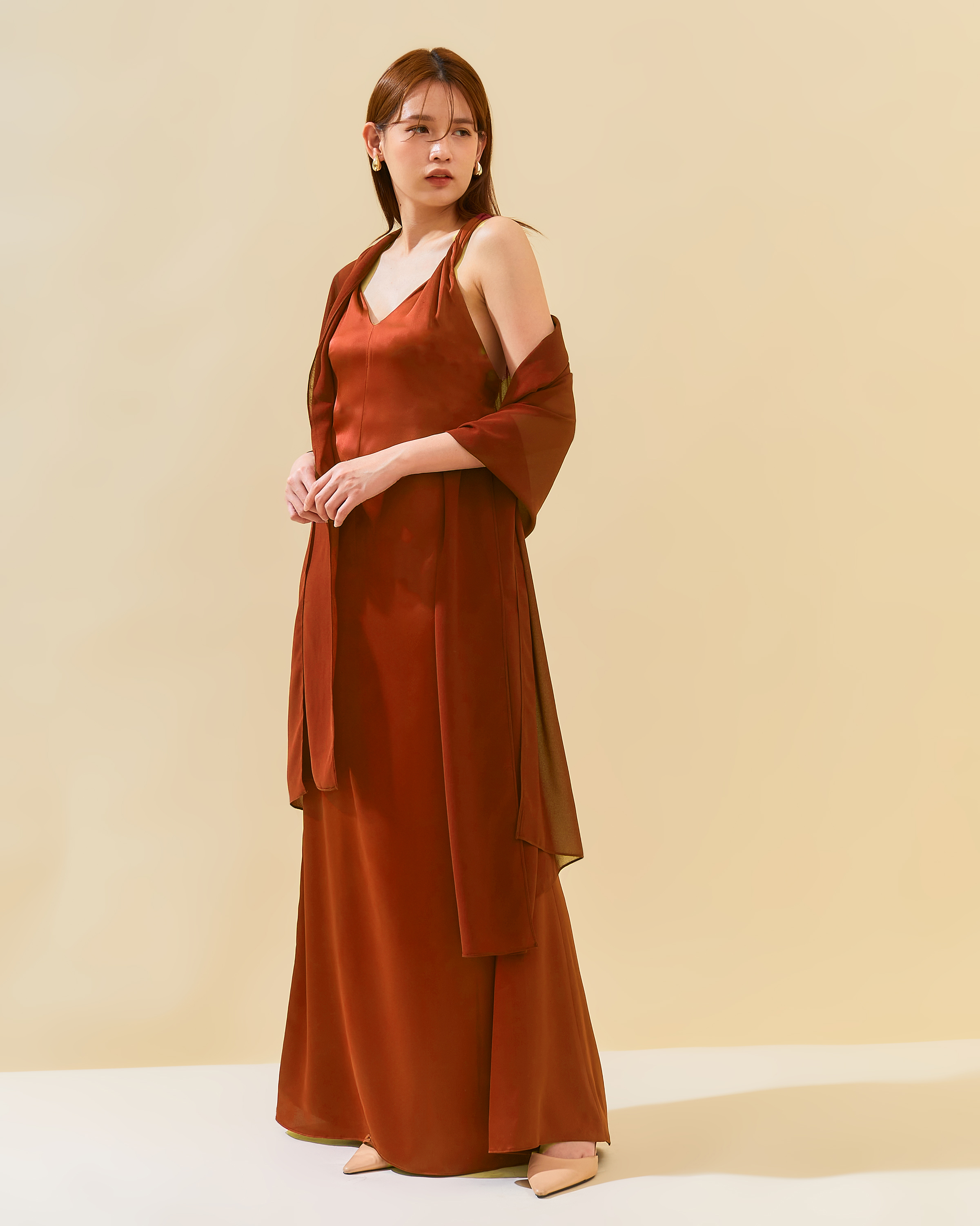 Twist Strap Dress with Scarf in Satin 