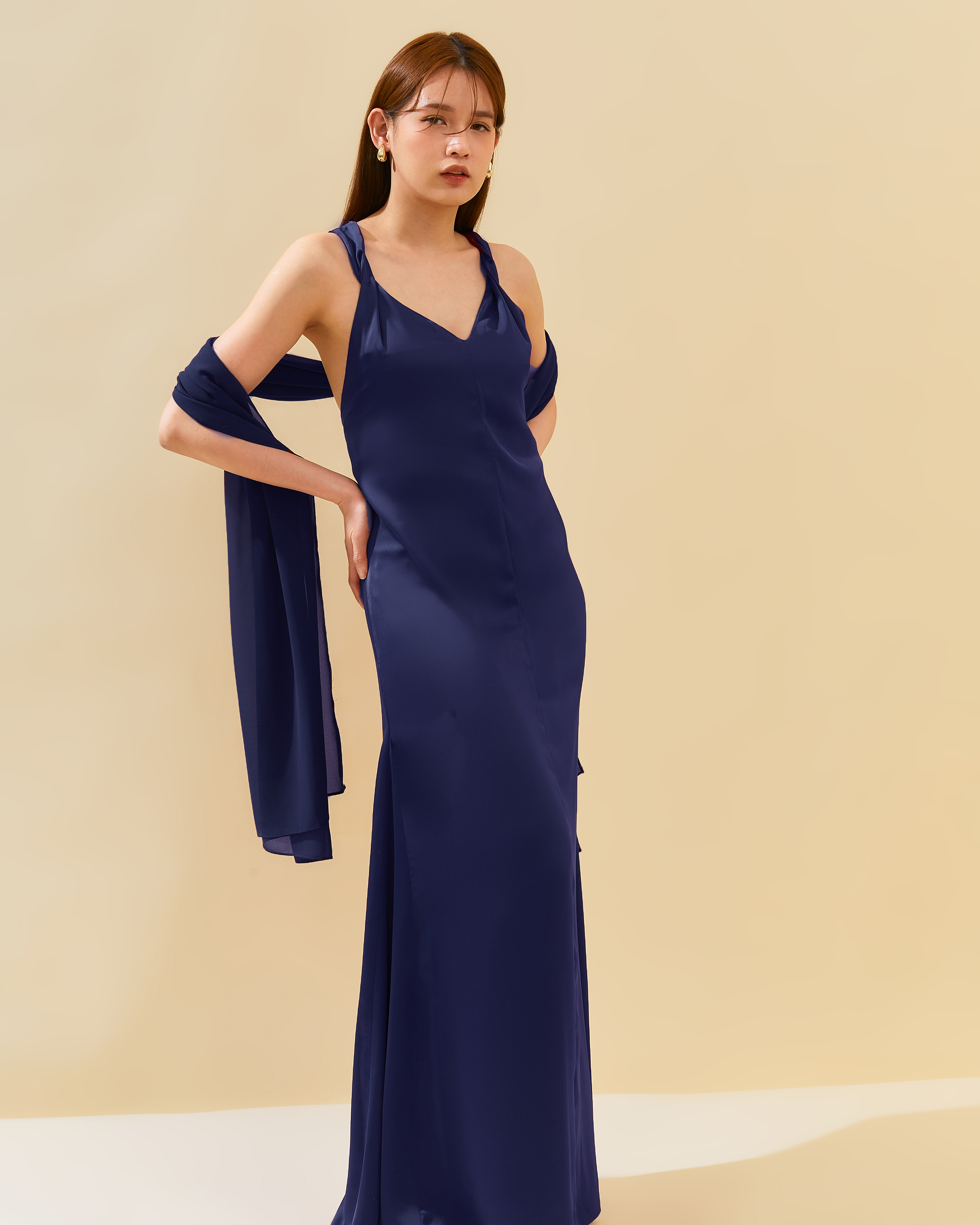 Twist Strap Dress with Scarf in Satin 
