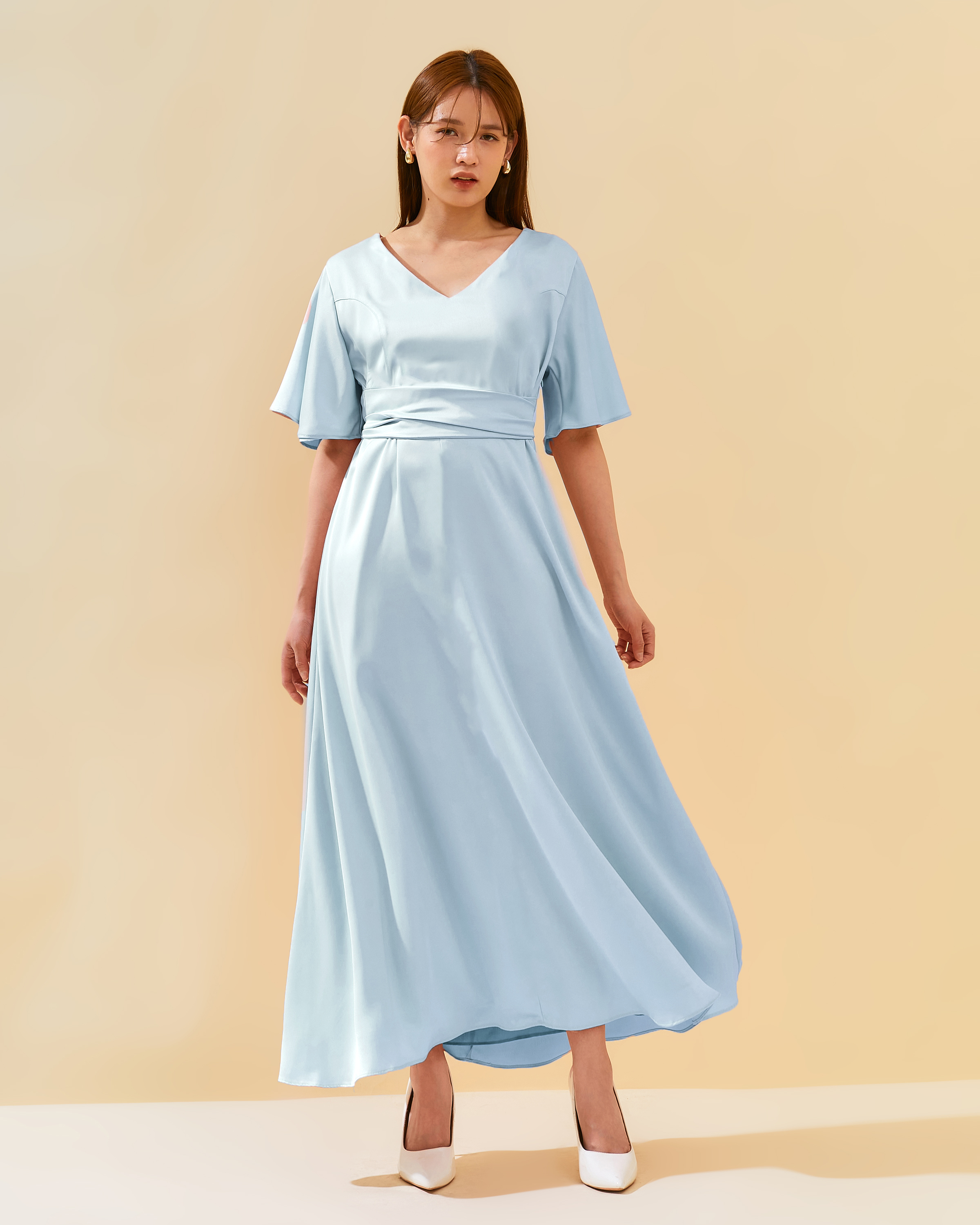 Sleeved Adjustable Sash Dress in Satin