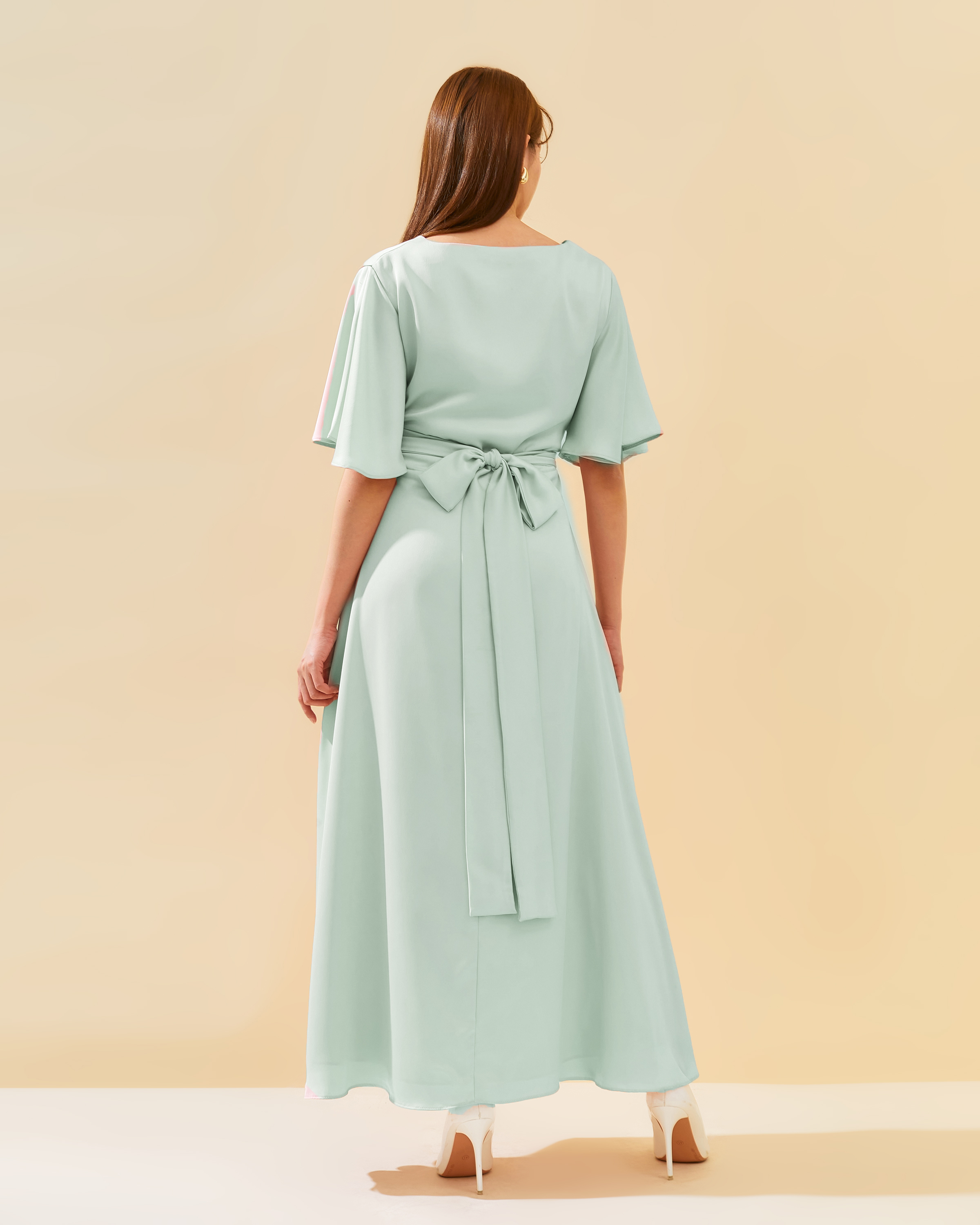 Sleeved Adjustable Sash Dress in Satin