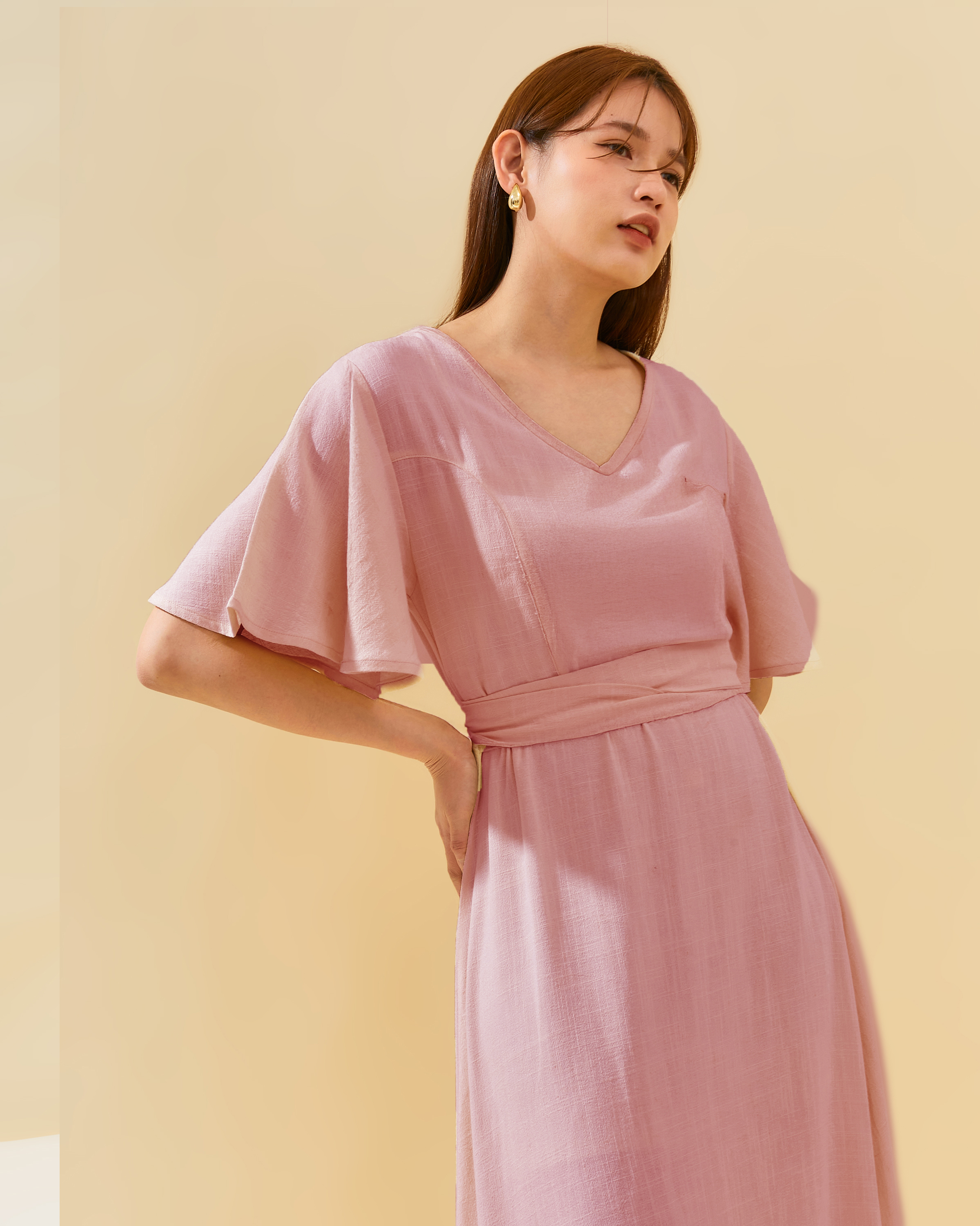 Sleeved Adjustable Sash Dress in Linen