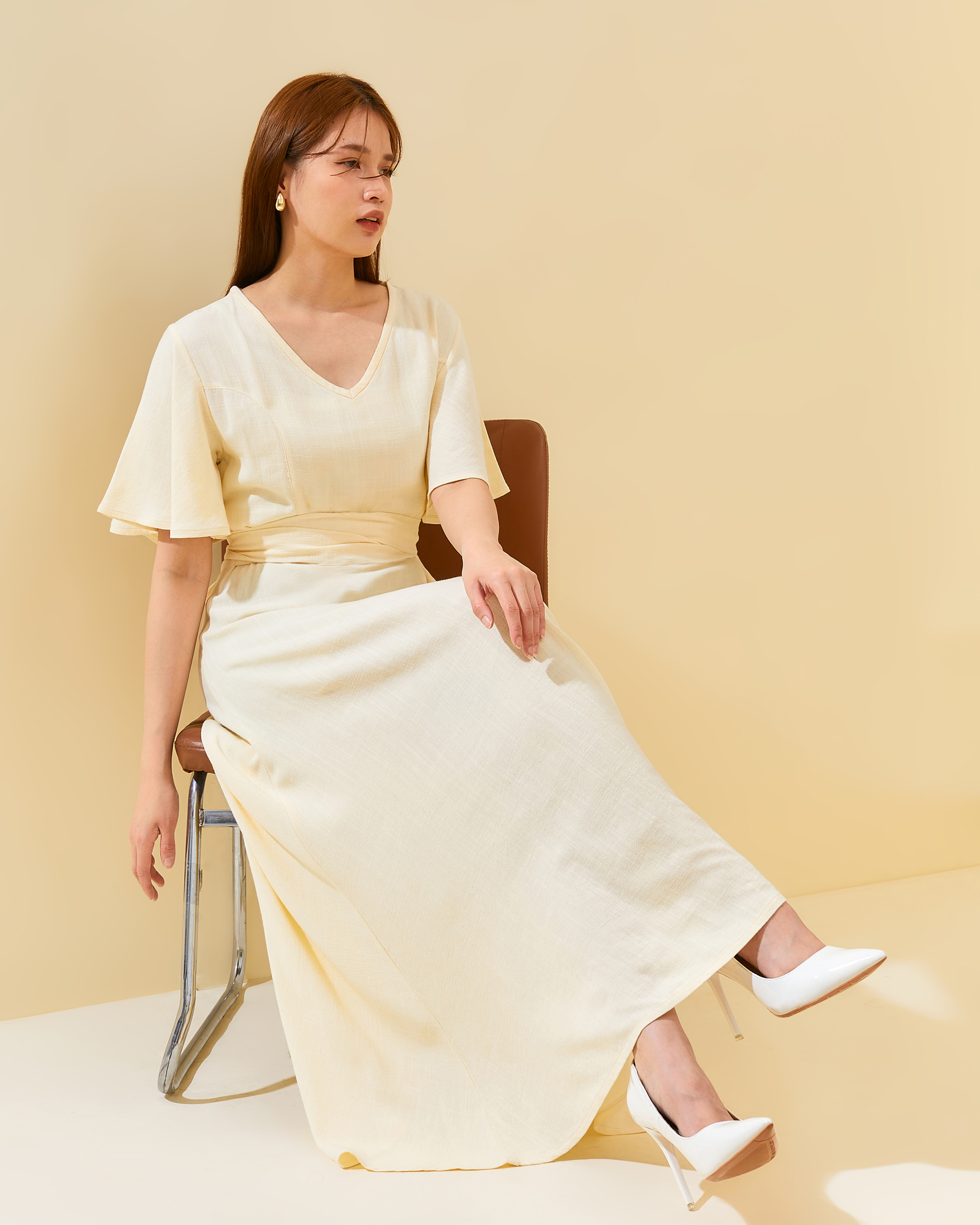 Sleeved Adjustable Sash Dress in Linen