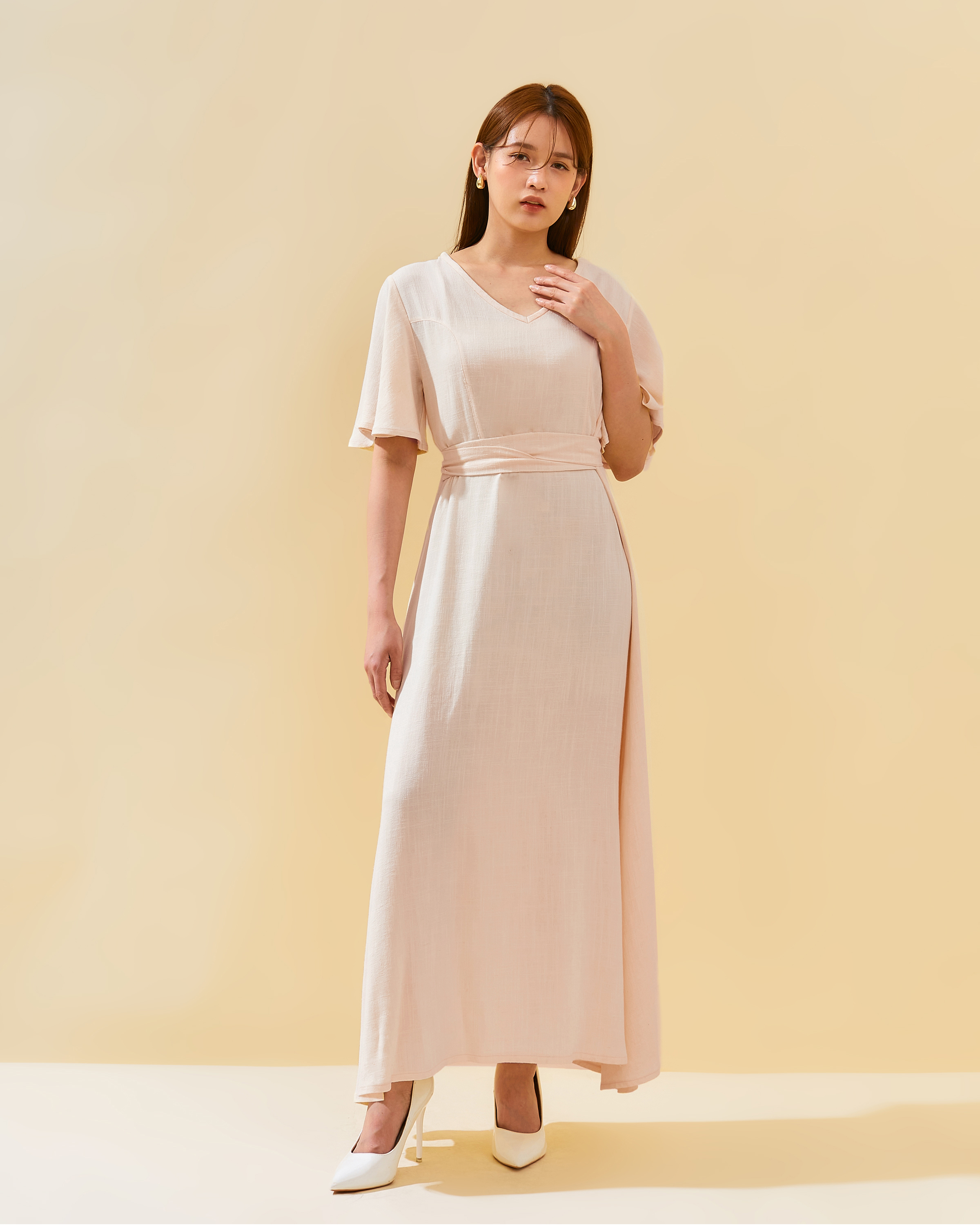 Sleeved Adjustable Sash Dress in Linen