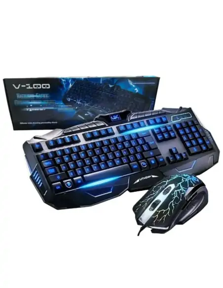 COMBO TECLADO + MOUSE CON CABLE USB CON LUZ LED V-100