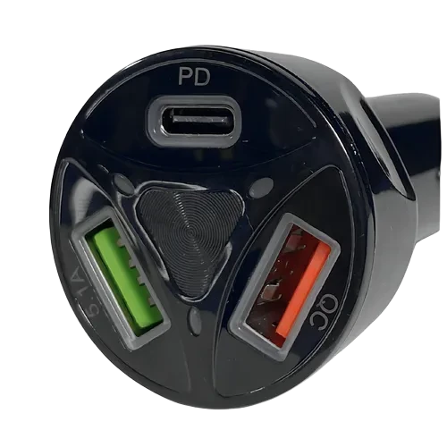 CARGADOR P/AUTO CABEZAL QC3 2 ENTRADAS USB Y 1 TIPO C