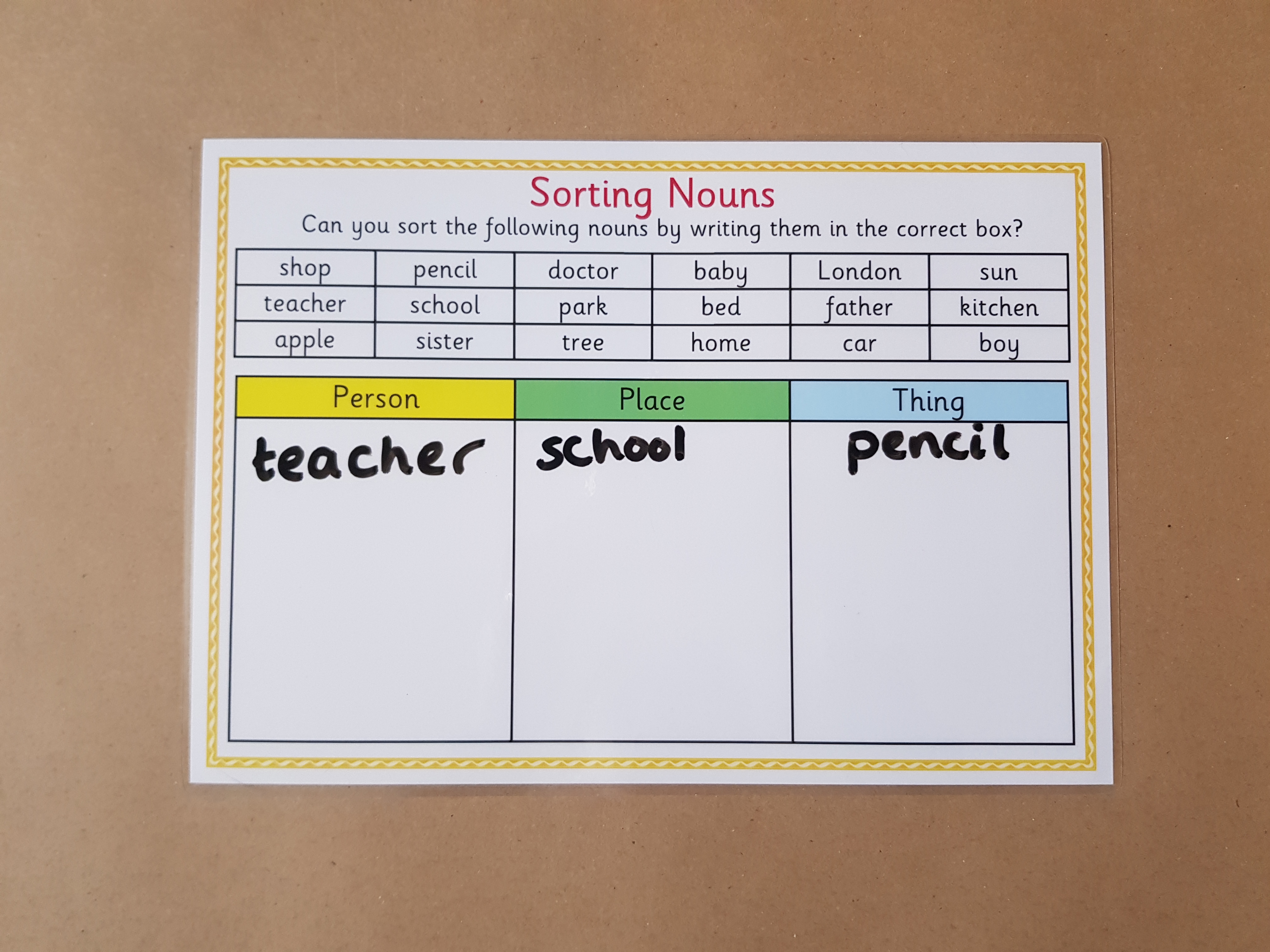 Sorting Nouns, reusable worksheet,  KS1/KS2 Literacy Teaching Resource 