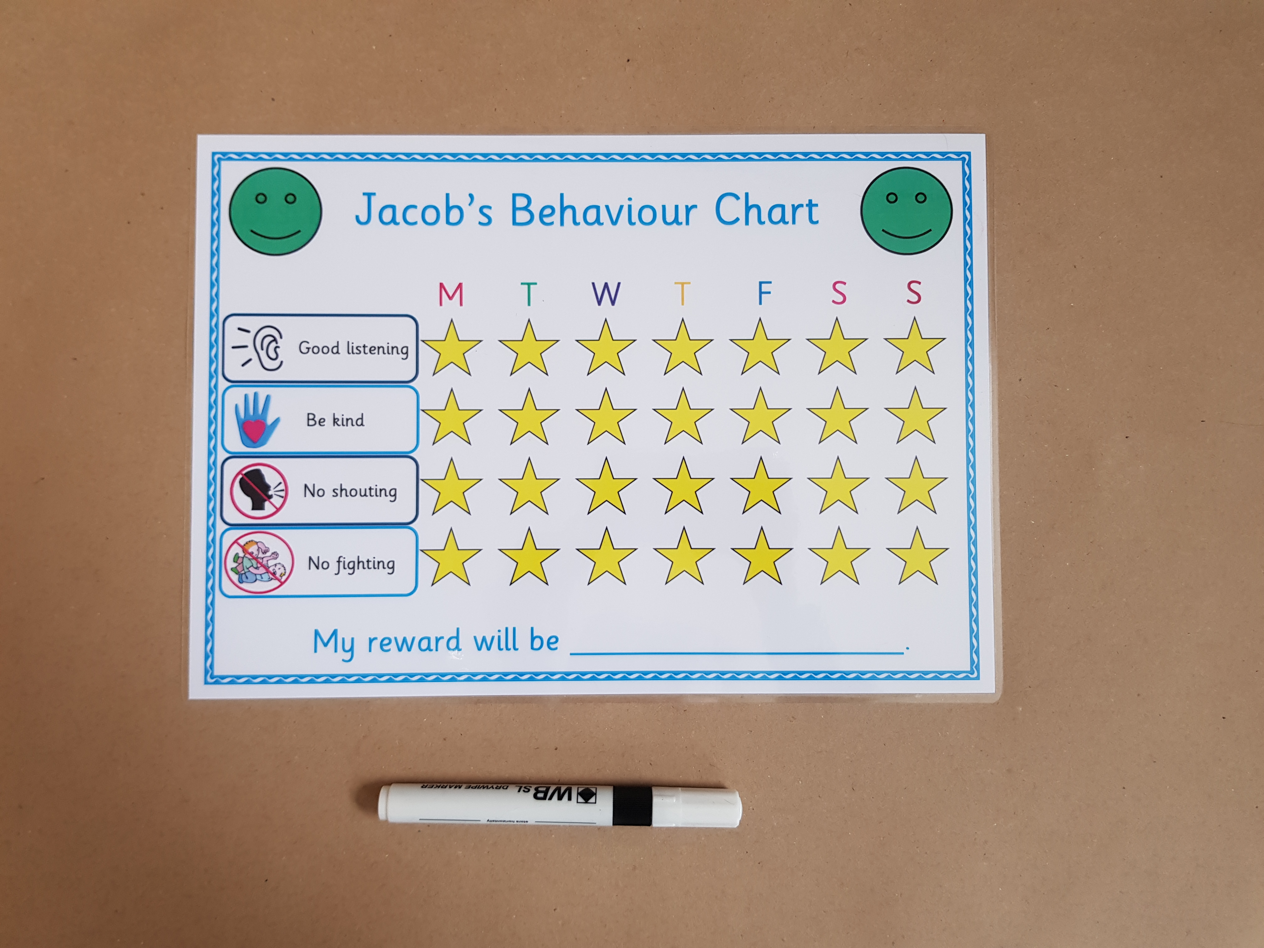  Personalised Behaviour Reward Chart and dry wipe pen 