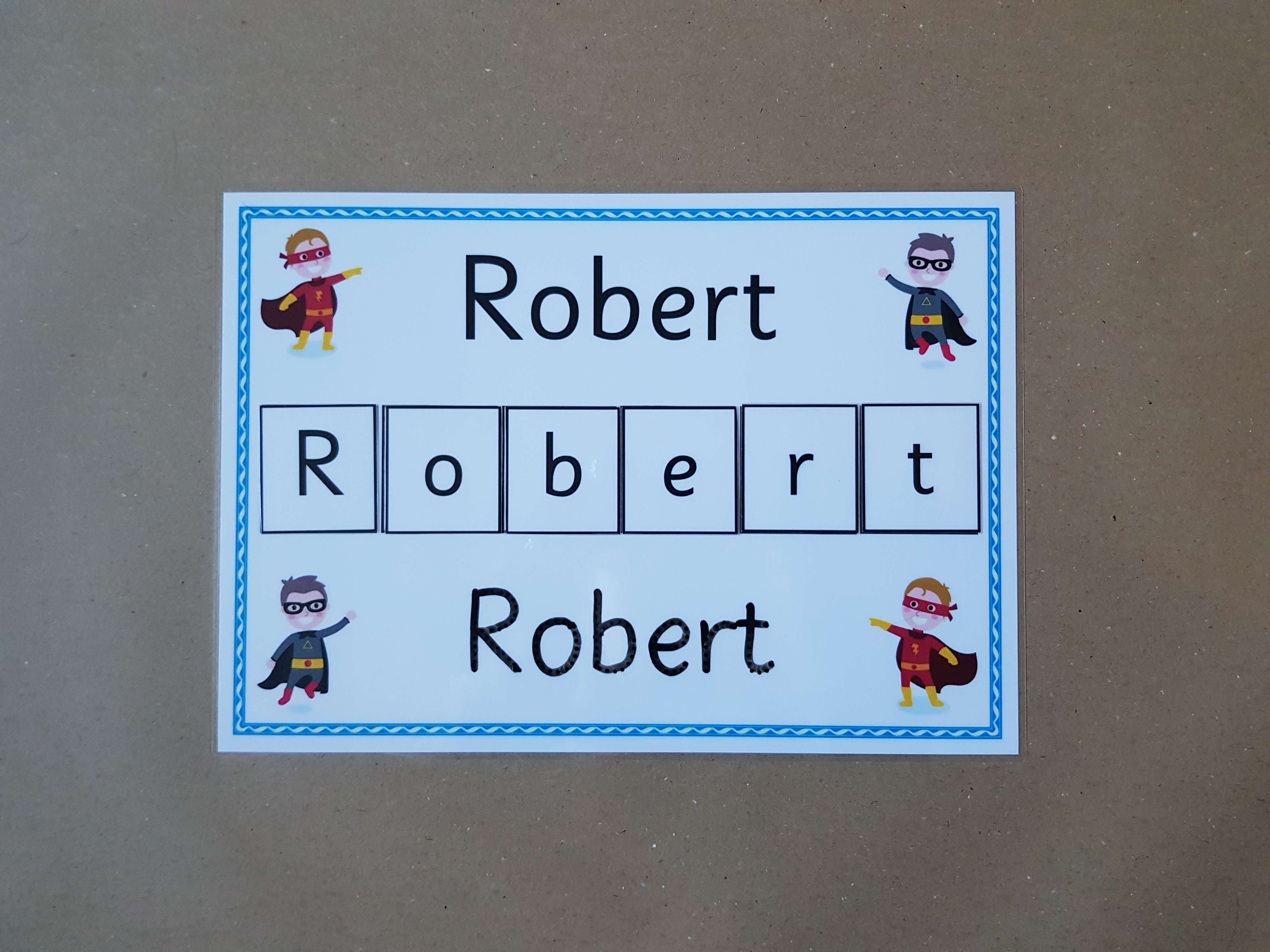 Write and Spell Name card - superhero design 