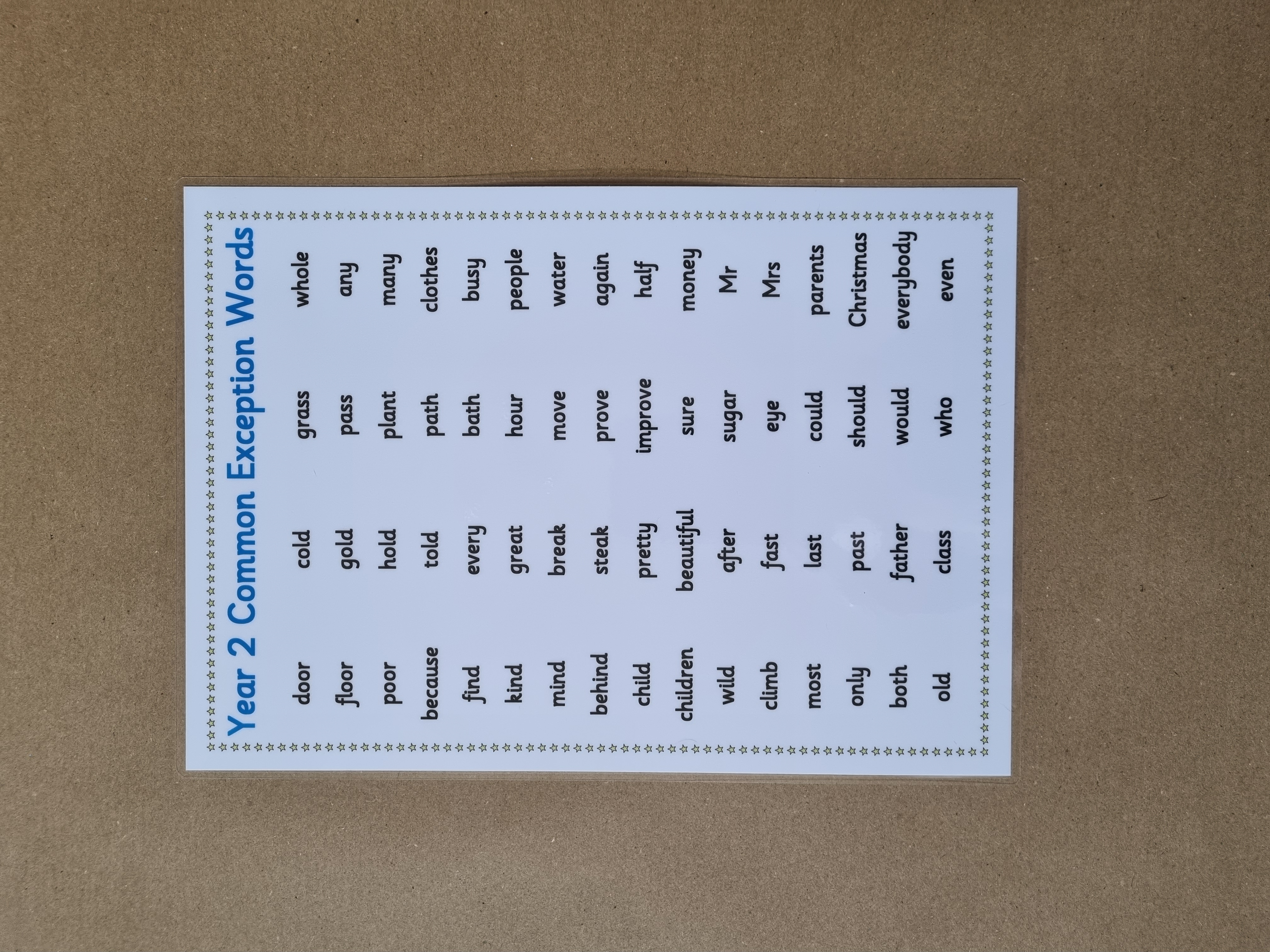 Year 2 Common Exception Words Poster
