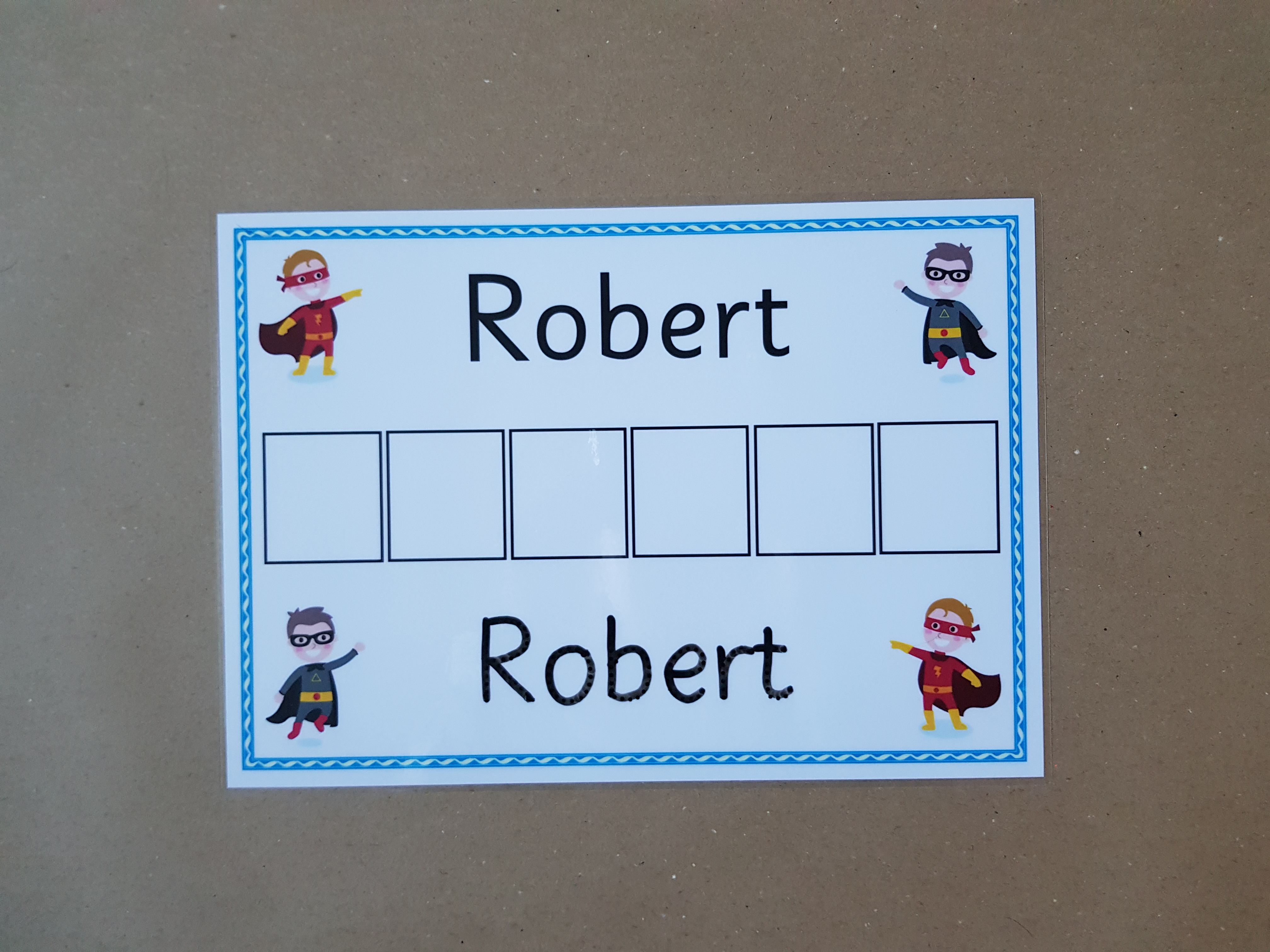 Write and Spell Name card - superhero design 