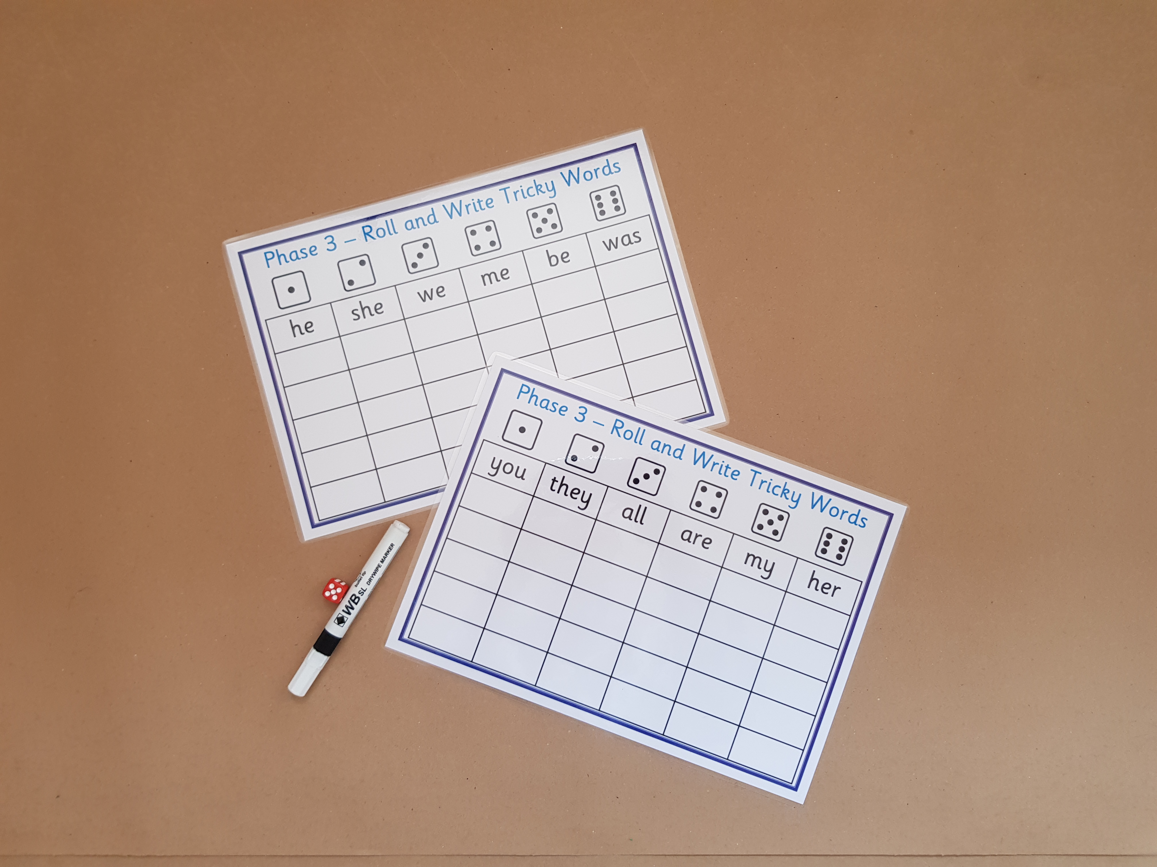 Phase 3 Roll and write tricky words game
