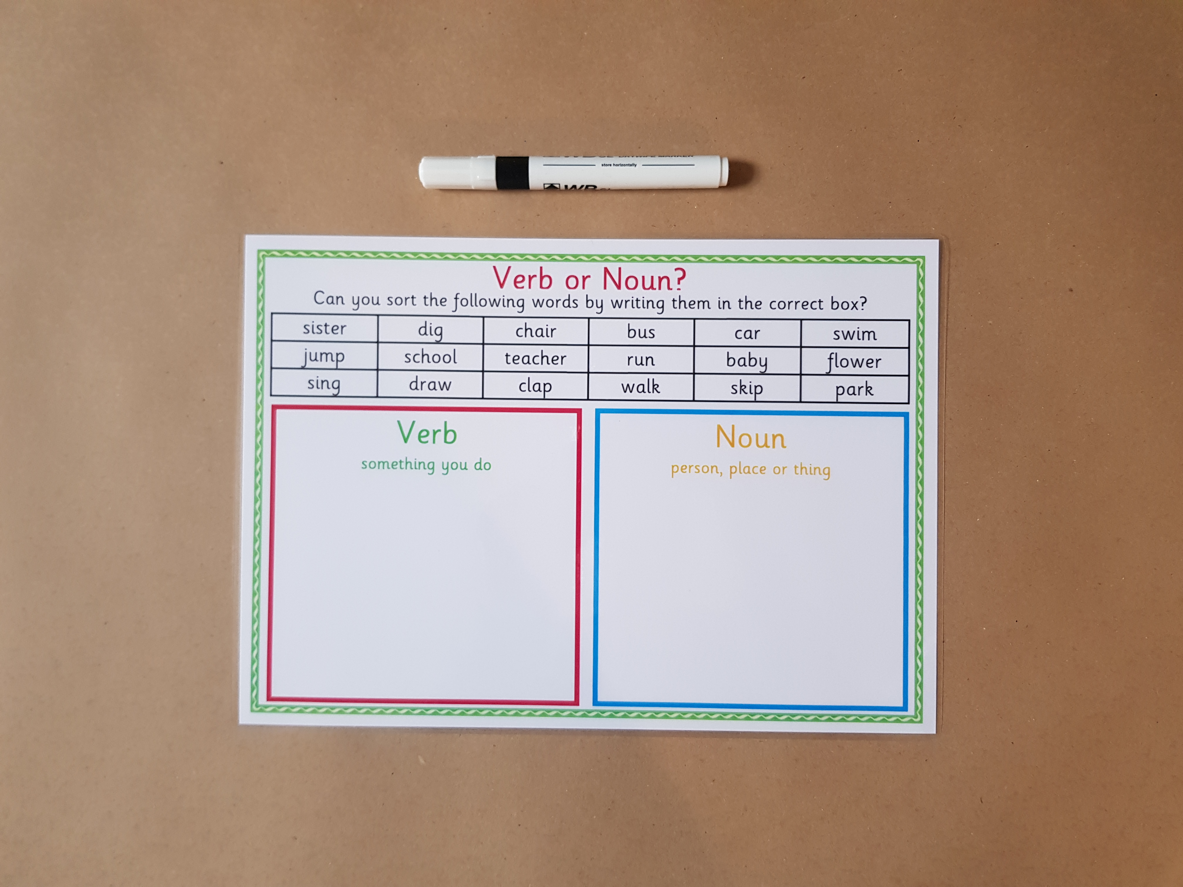 Verb or noun? reusable worksheet, KS1/KS2 Literacy Teaching Resource