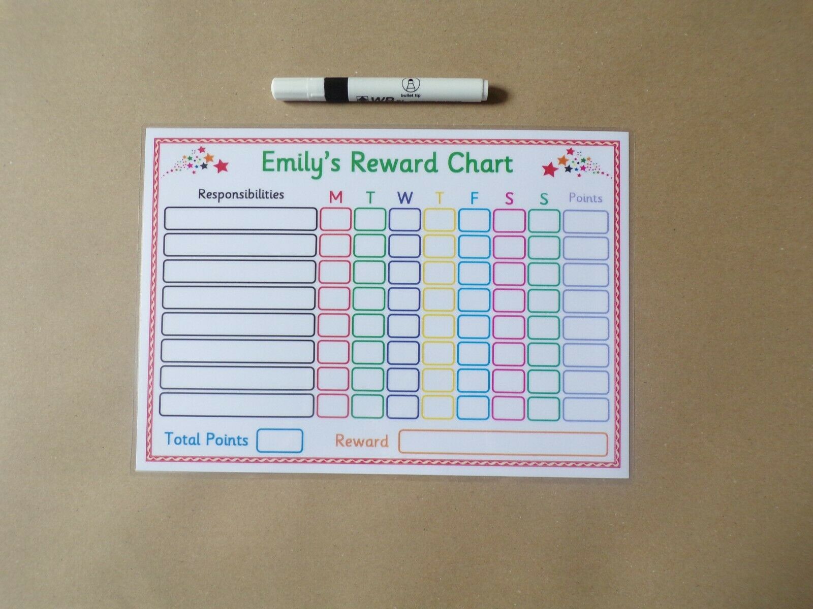 Personalised Weekly Responsibilities Reward Chart and dry wipe pen