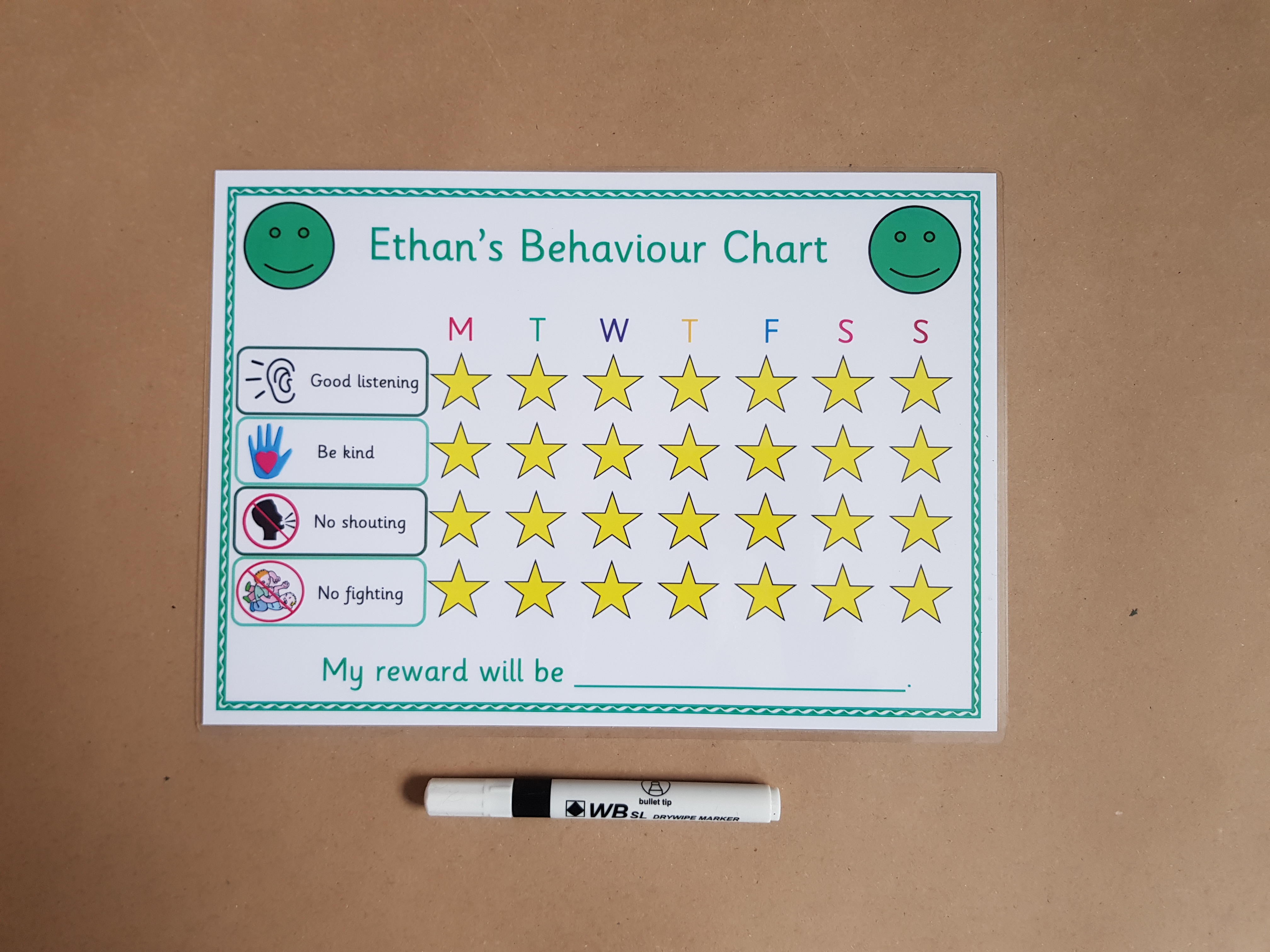  Personalised Behaviour Reward Chart and dry wipe pen 